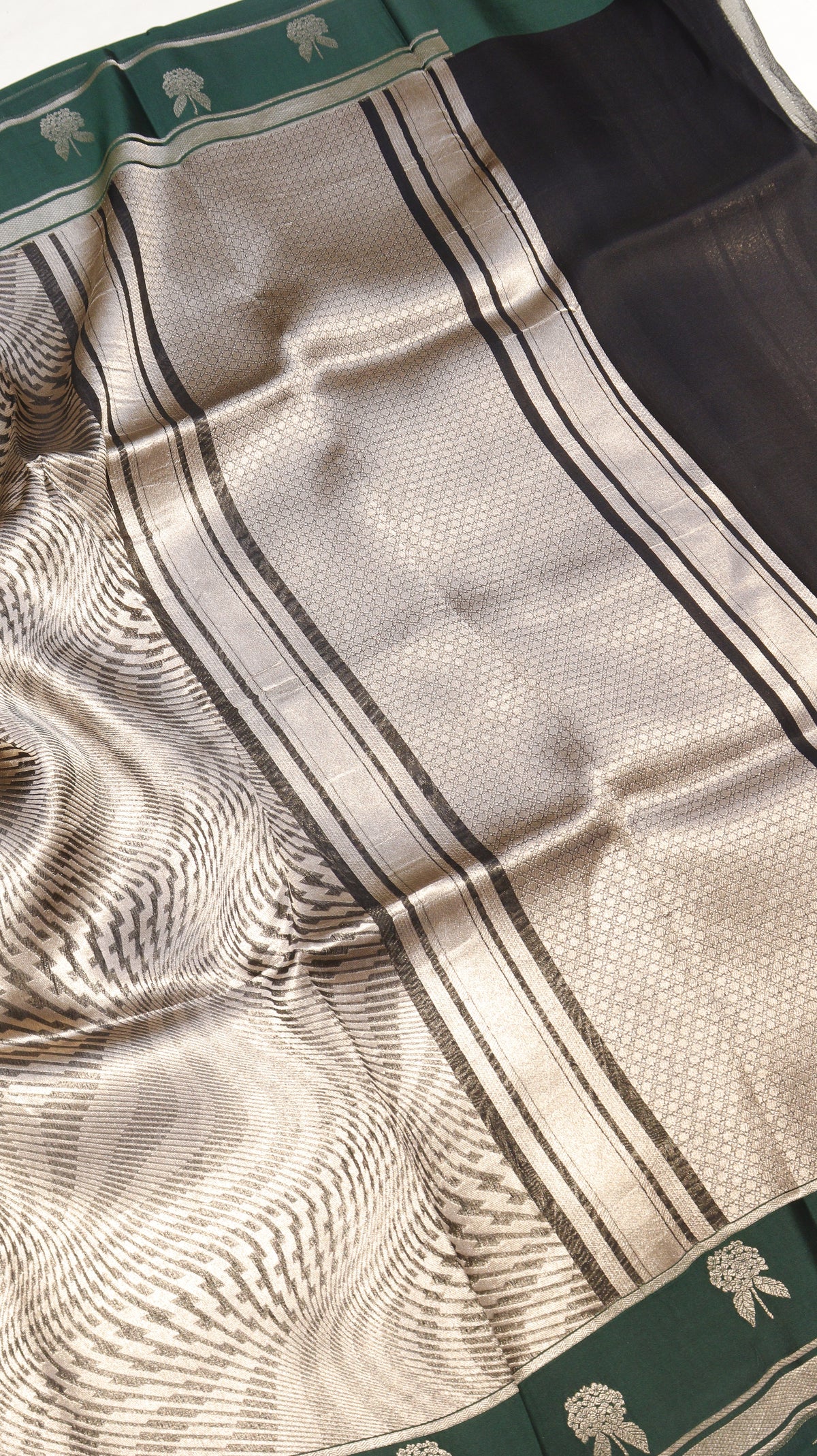 Metallic Silver Pure Kora Silk Handloom Saree with Soft Katan Border