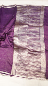 Purple Pure Kora Silk Handloom Saree with Stripe Border