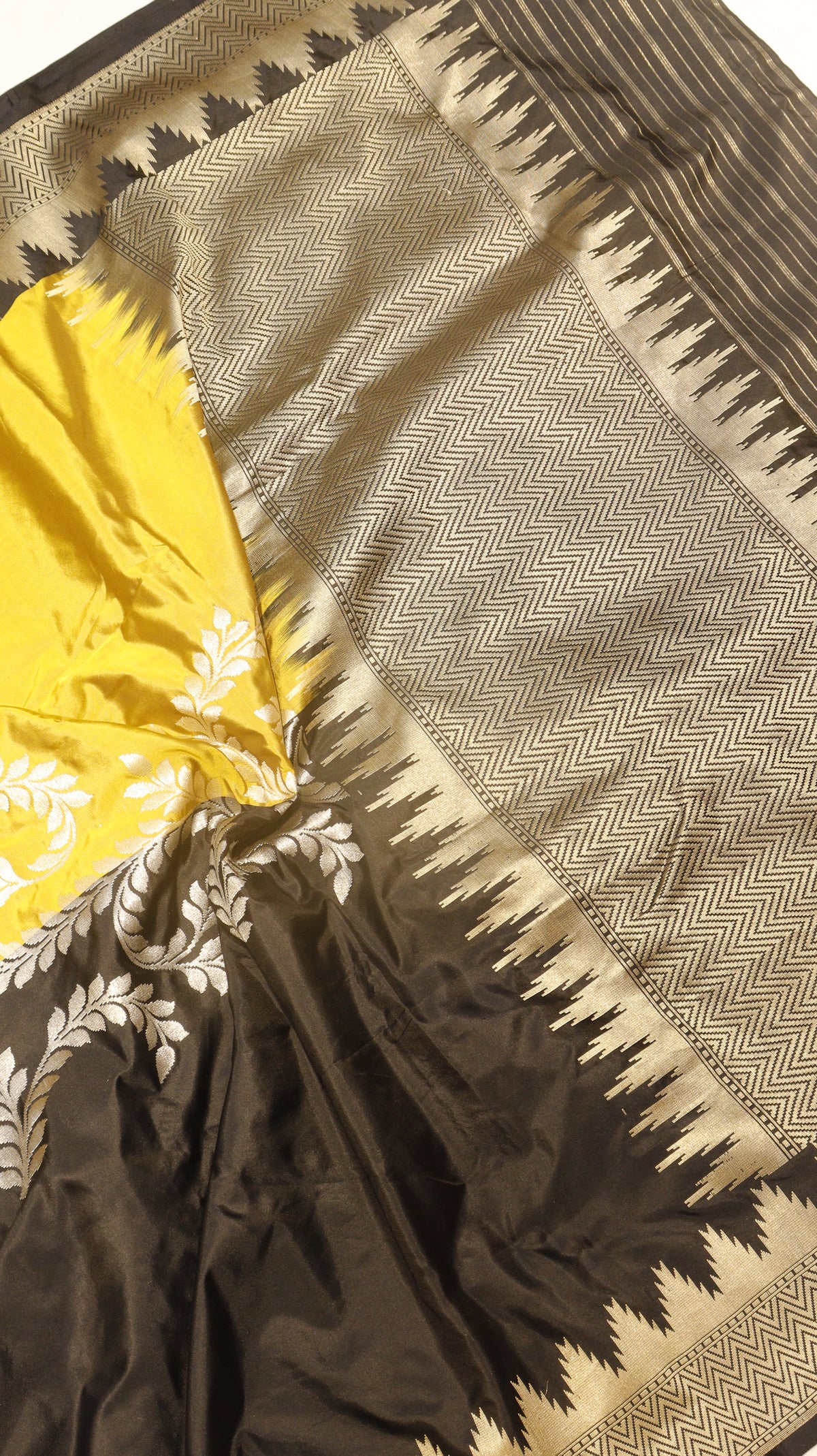 Yellow Black Pure Katan Silk Handloom Saree with Brocade Blouse