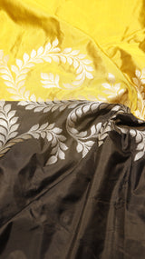 Yellow Black Pure Katan Silk Handloom Saree with Brocade Blouse