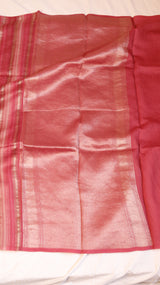 Peach Orange Pure Tussar Silk Handloom Saree with Stripe Pattern