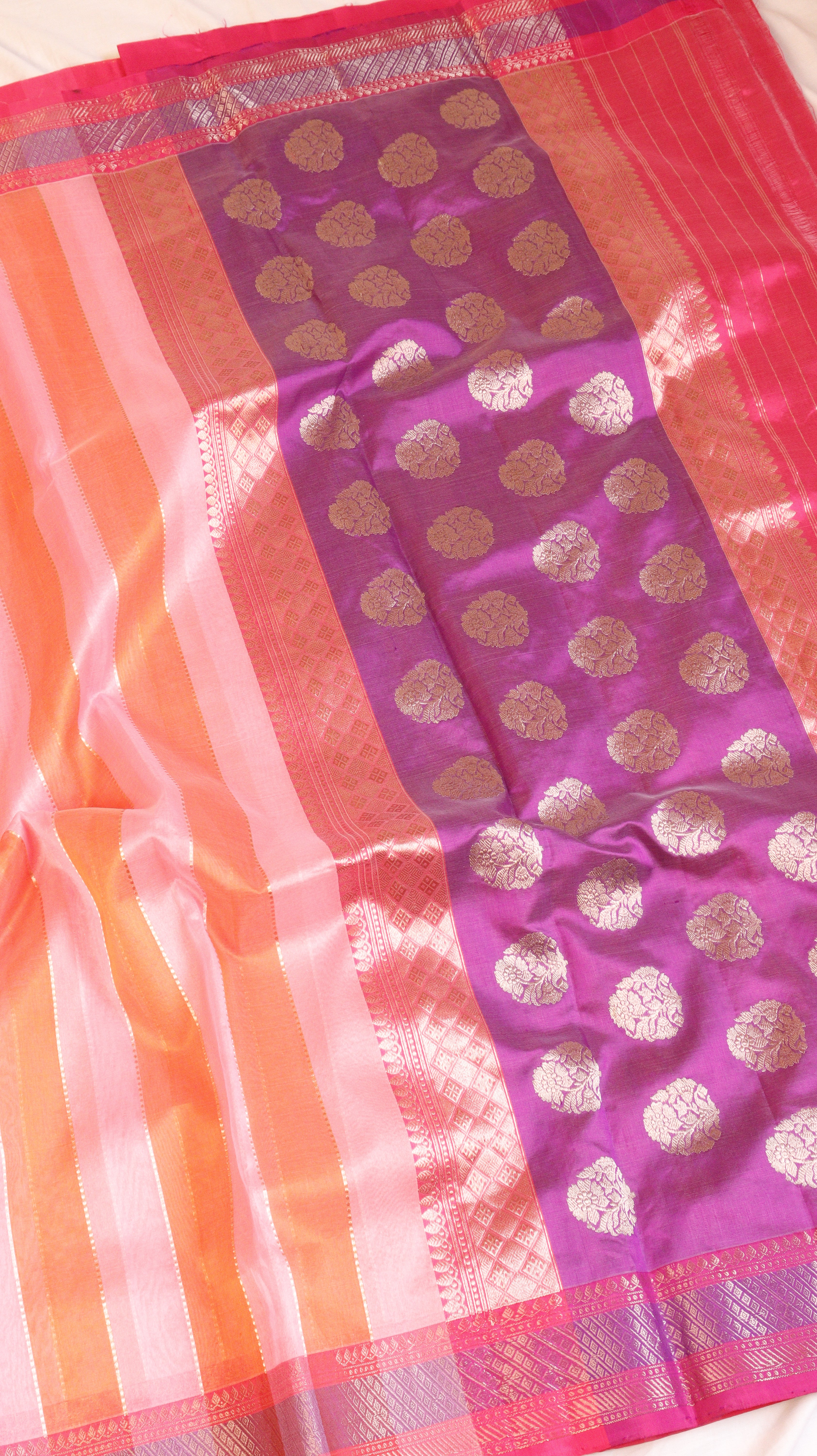 Peach Rangkat Pure Kora Silk Handloom Saree with Satin Border