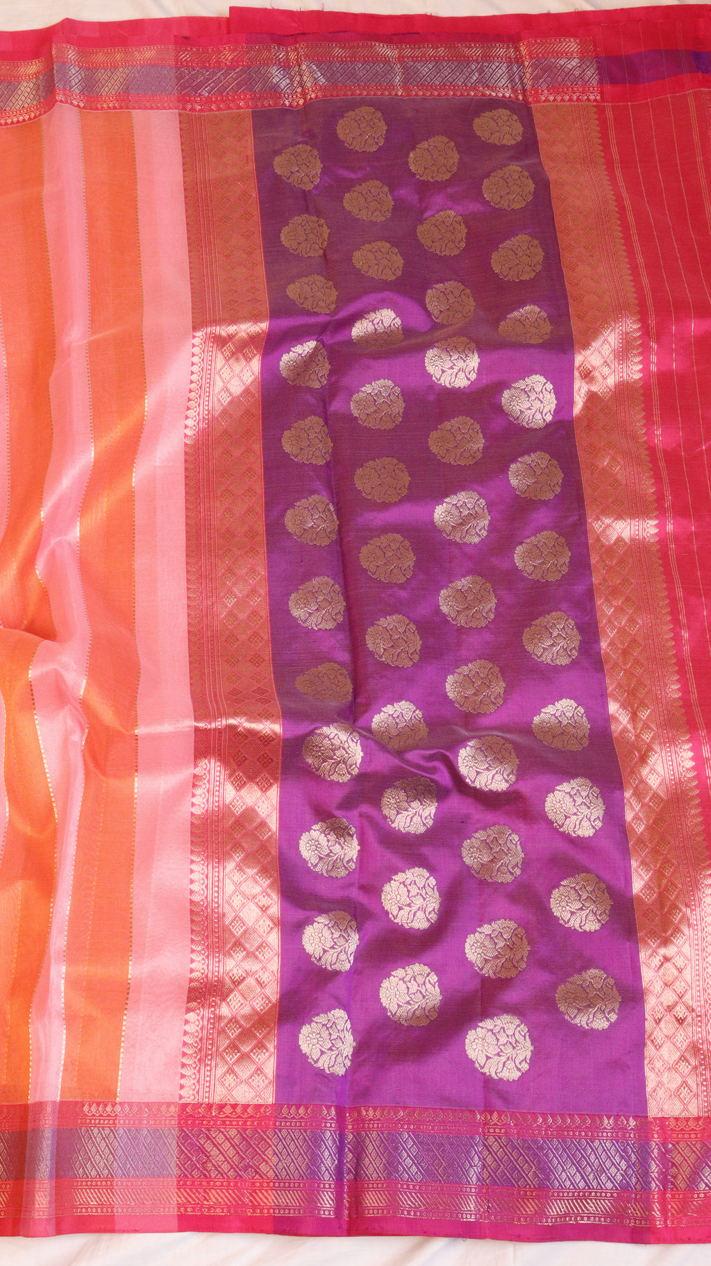 Peach Rangkat Pure Kora Silk Handloom Saree with Satin Border