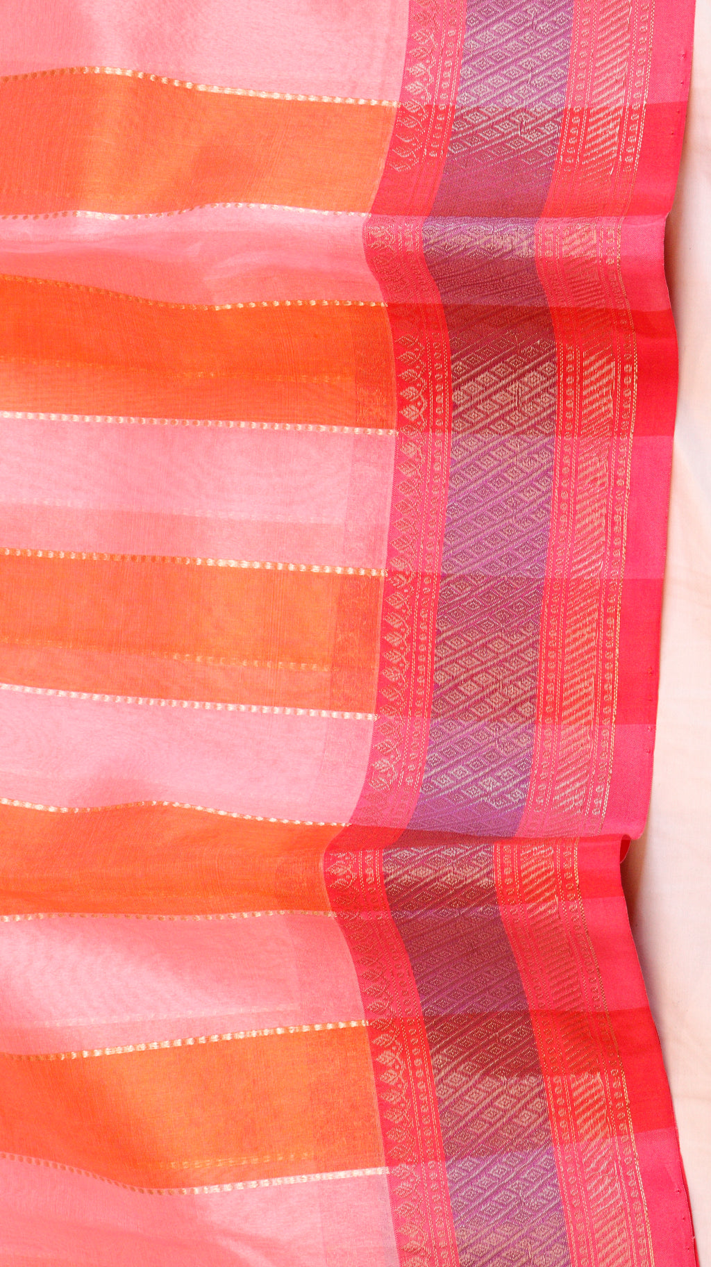 Peach Rangkat Pure Kora Silk Handloom Saree with Satin Border