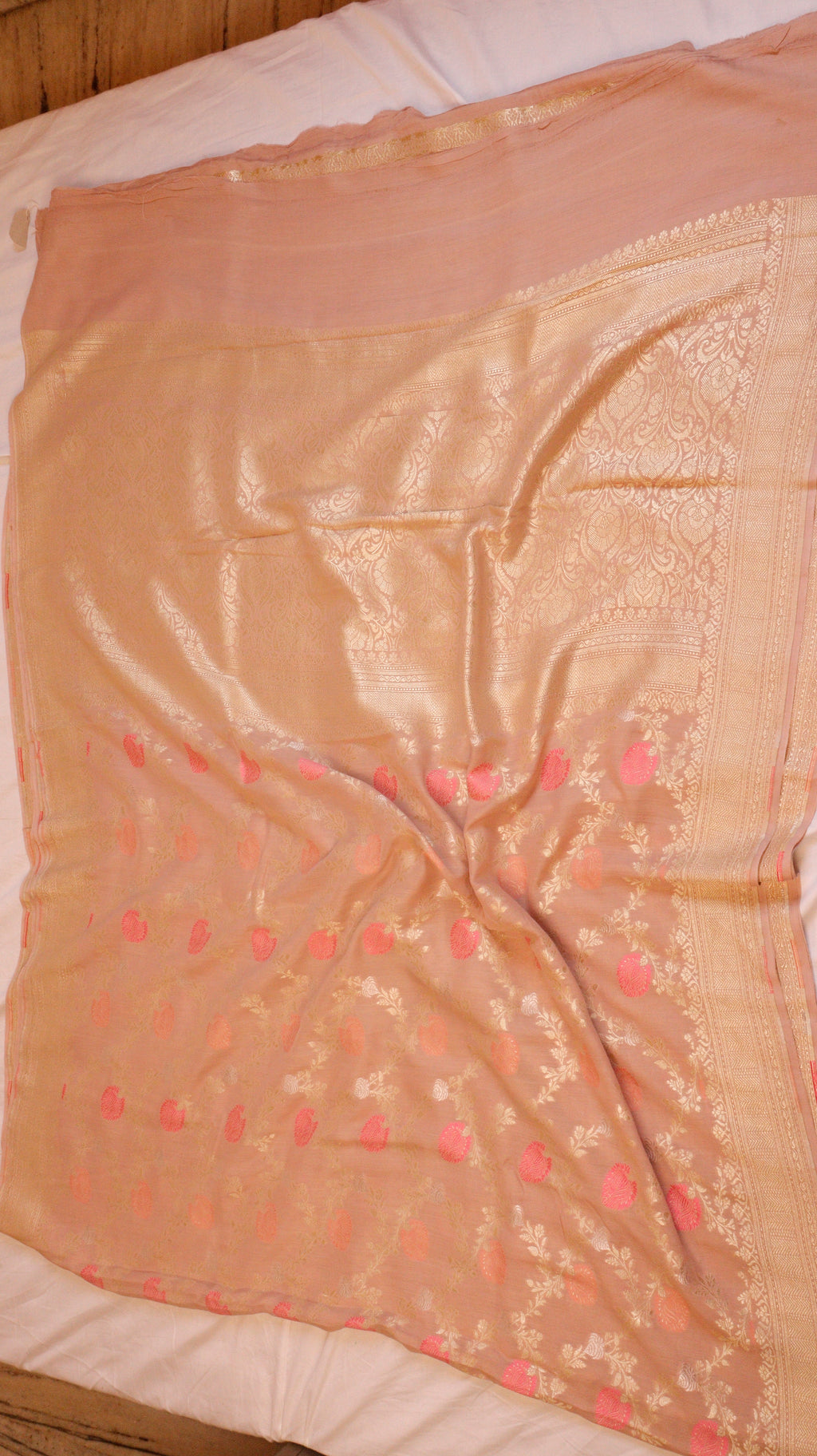 Soft Peach Pure Moonga Silk Handloom Saree with Jaal Pattern