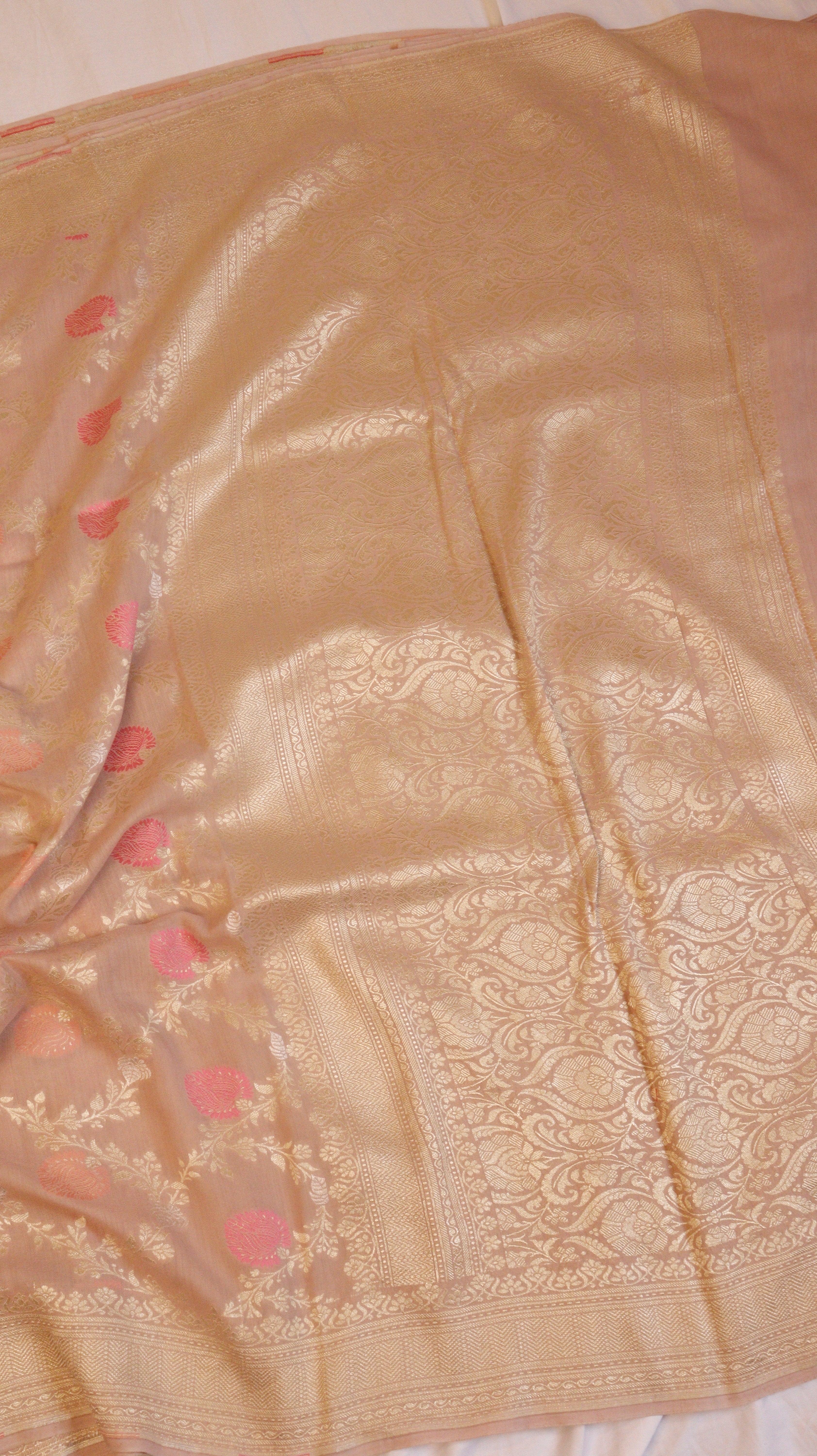 Soft Peach Pure Moonga Silk Handloom Saree with Jaal Pattern