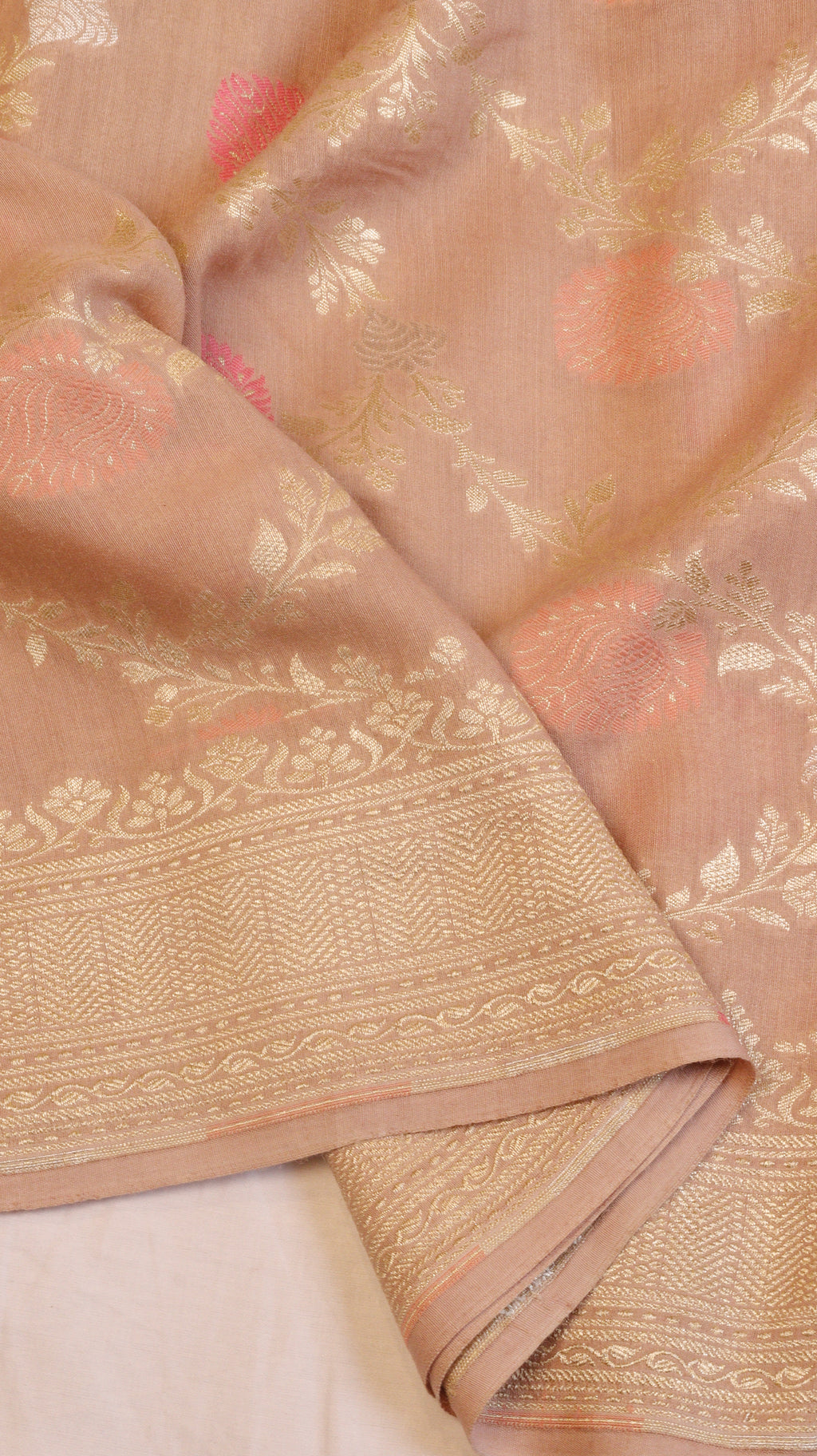Soft Peach Pure Moonga Silk Handloom Saree with Jaal Pattern