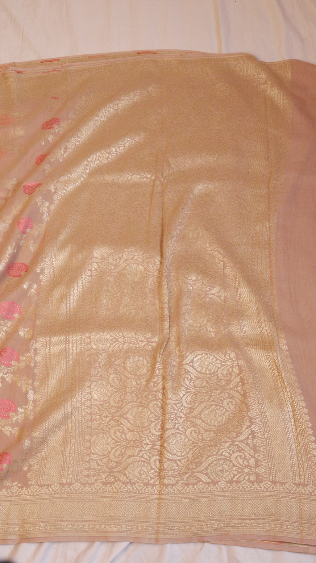Soft Peach Pure Moonga Silk Handloom Saree with Jaal Pattern
