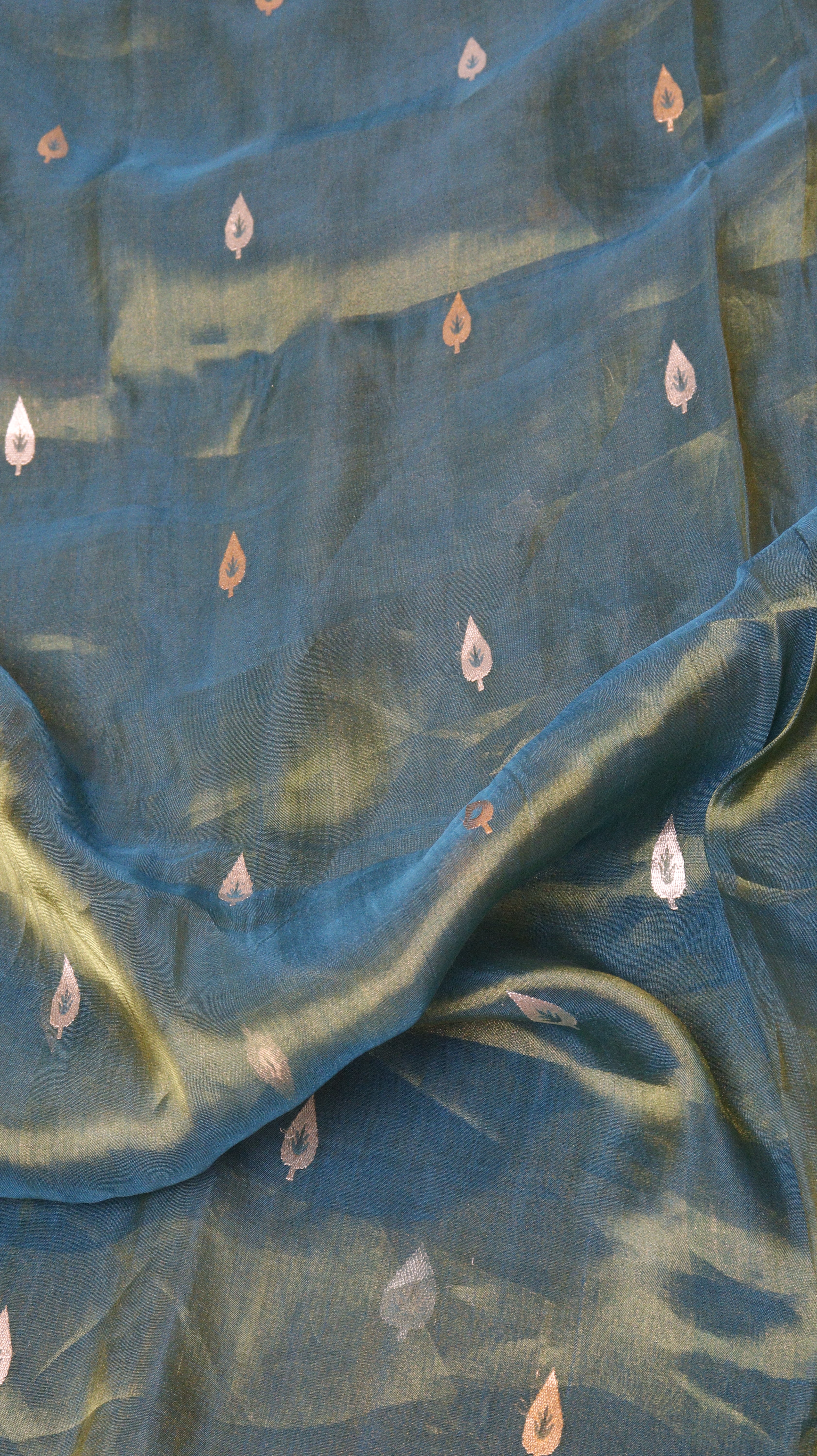 Pre-Order : Teal Blue Pure Tissue Silk Handloom Saree with Floral Border