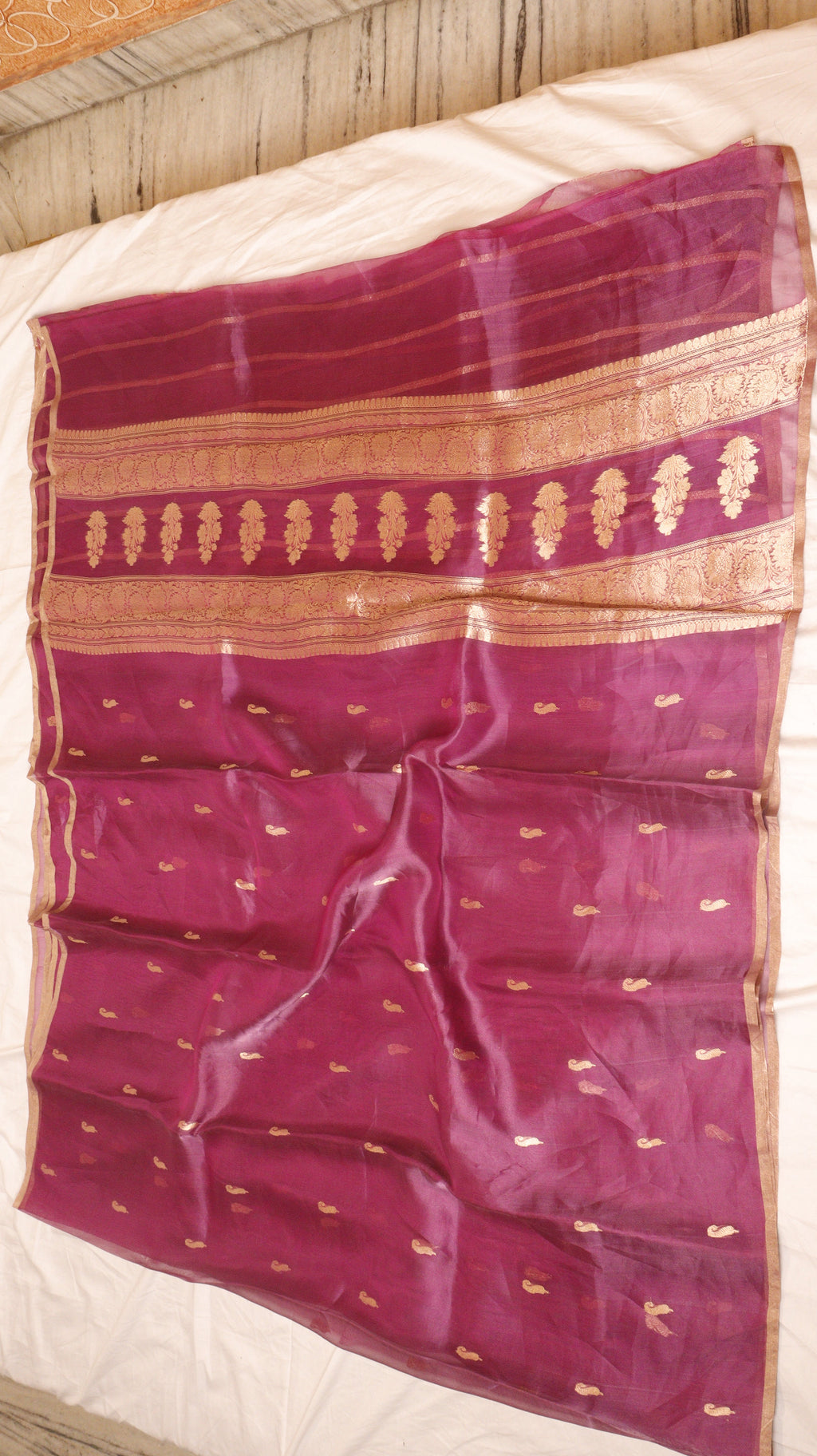 Magenta Pure Tissue Silk Handloom Saree with Stripe Blouse