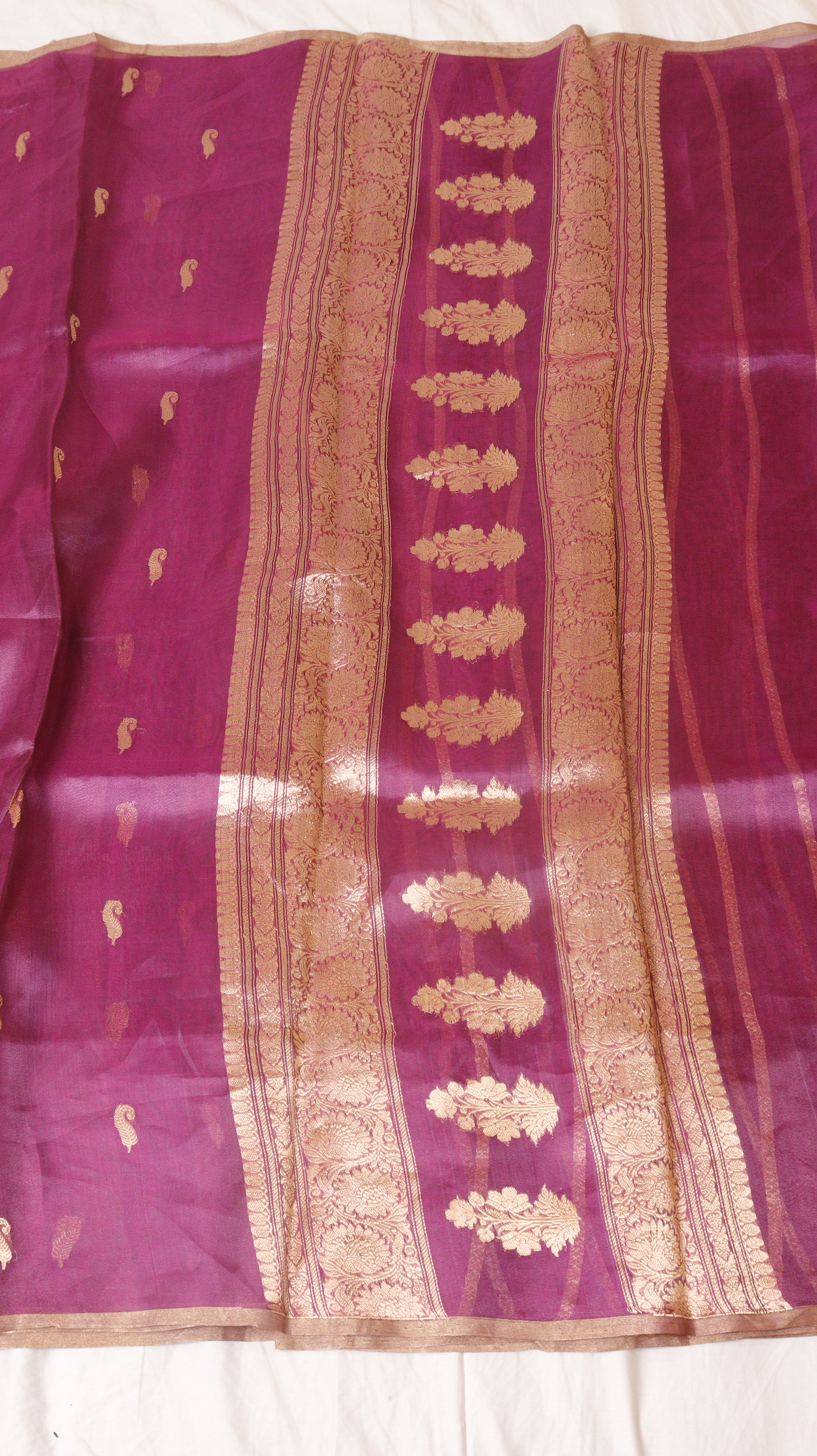 Magenta Pure Tissue Silk Handloom Saree with Stripe Blouse