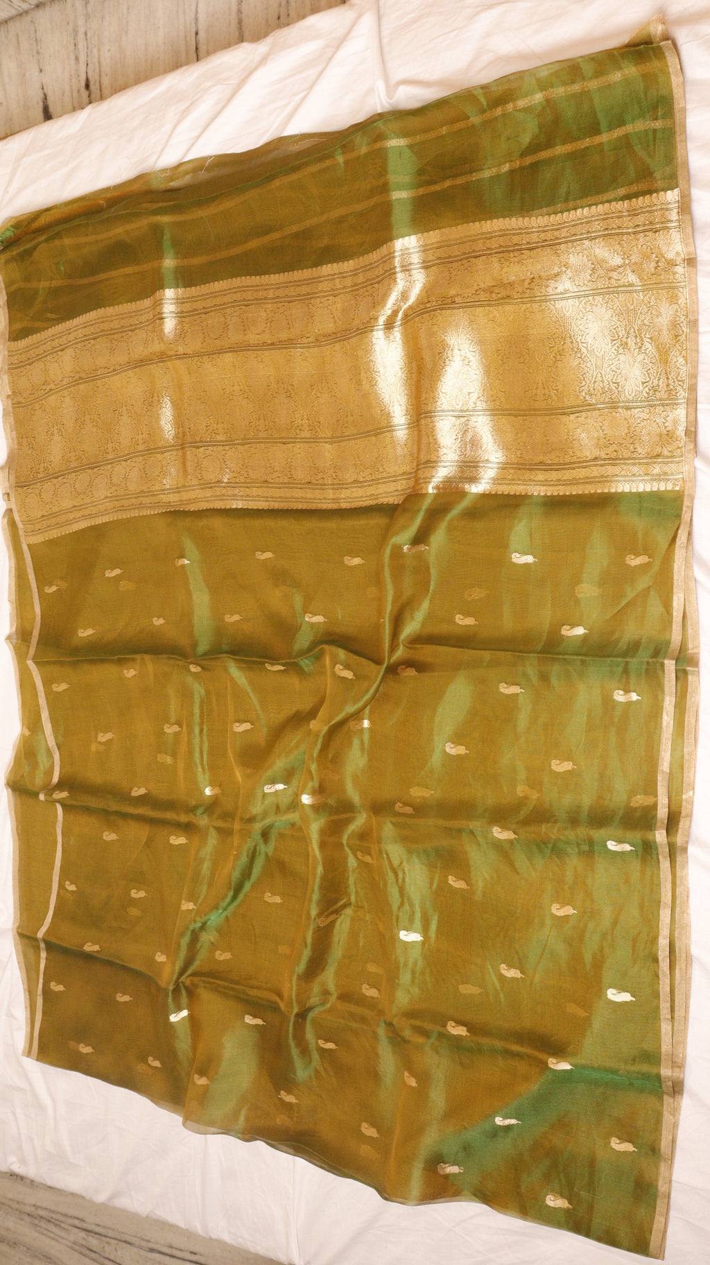 Mustard Gold Pure Tissue Silk Handloom Saree with Stripe Blouse