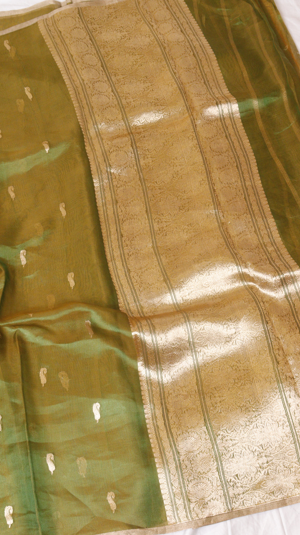 Mustard Gold Pure Tissue Silk Handloom Saree with Stripe Blouse