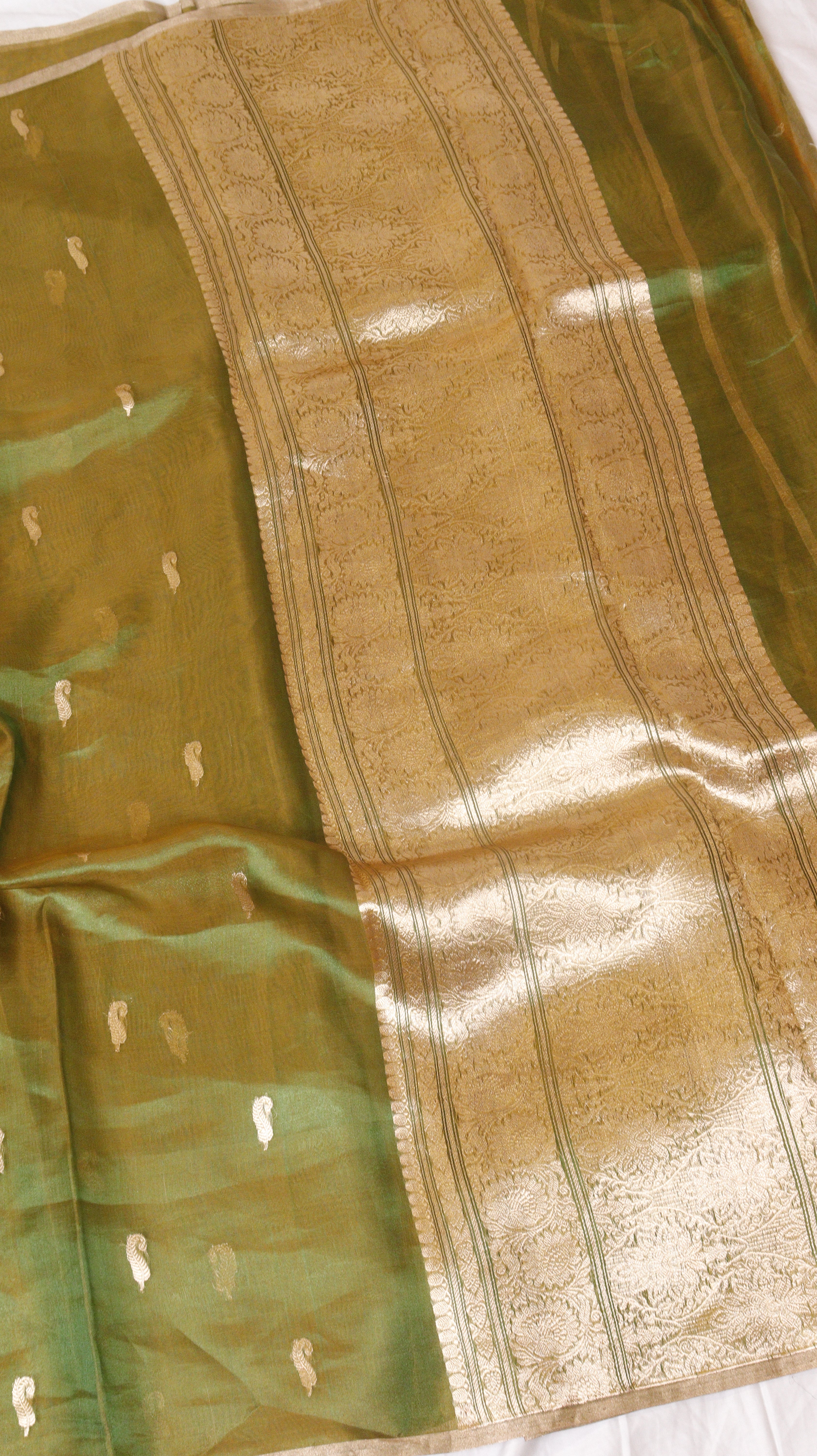 Mustard Gold Pure Tissue Silk Handloom Saree with Stripe Blouse