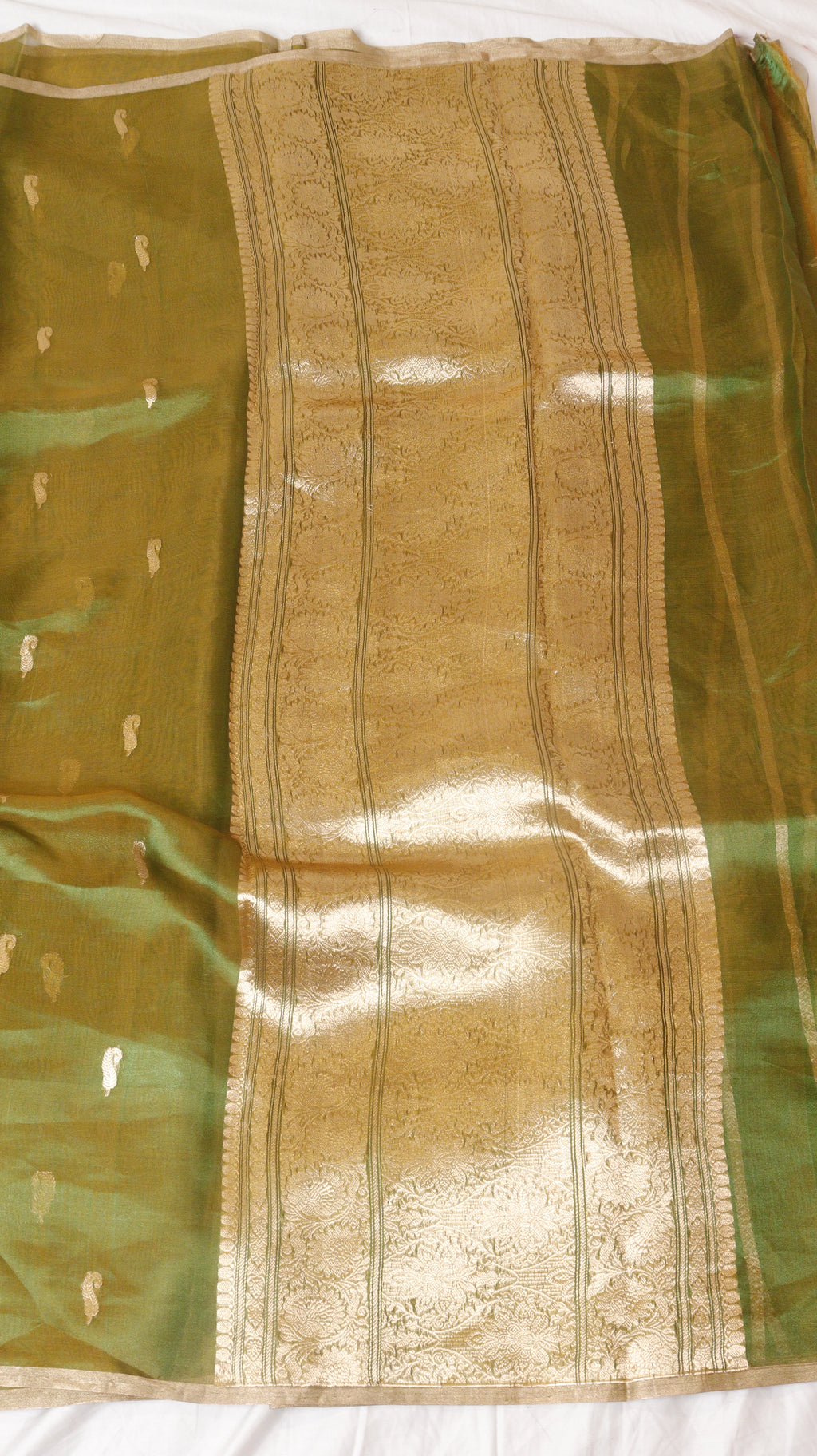 Mustard Gold Pure Tissue Silk Handloom Saree with Stripe Blouse