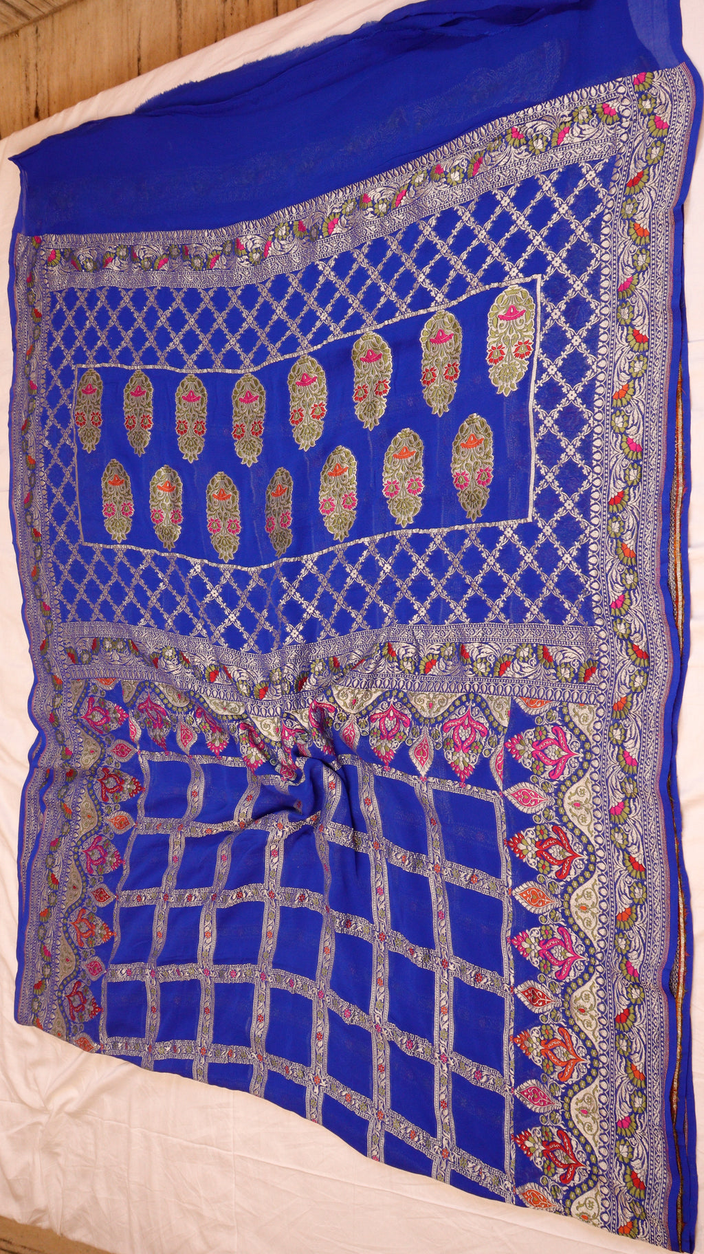 Royal Blue Pure Khaddi Geogertte Handloom Saree with Meenakari Border