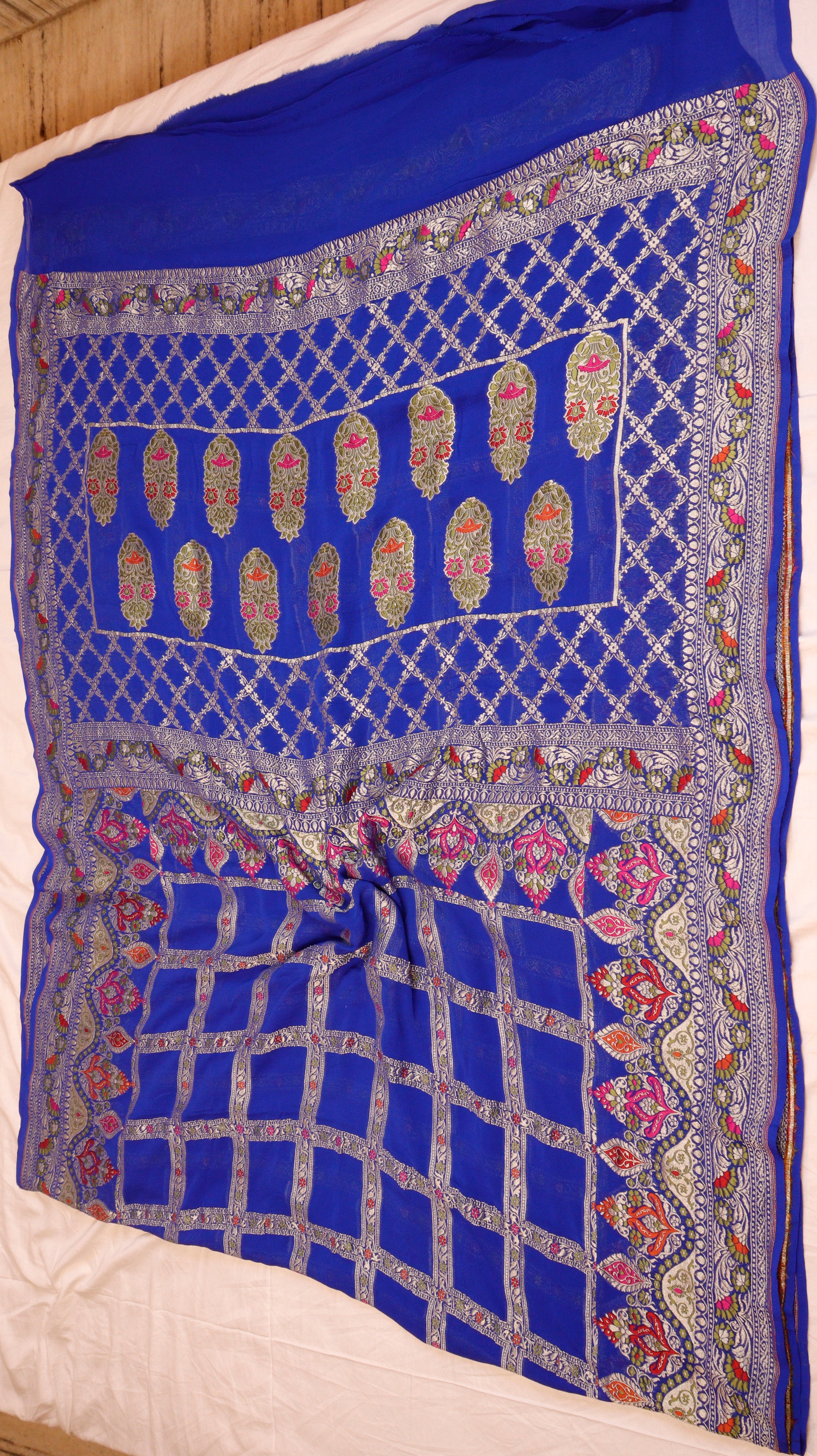 Royal Blue Pure Khaddi Geogertte Handloom Saree with Meenakari Border