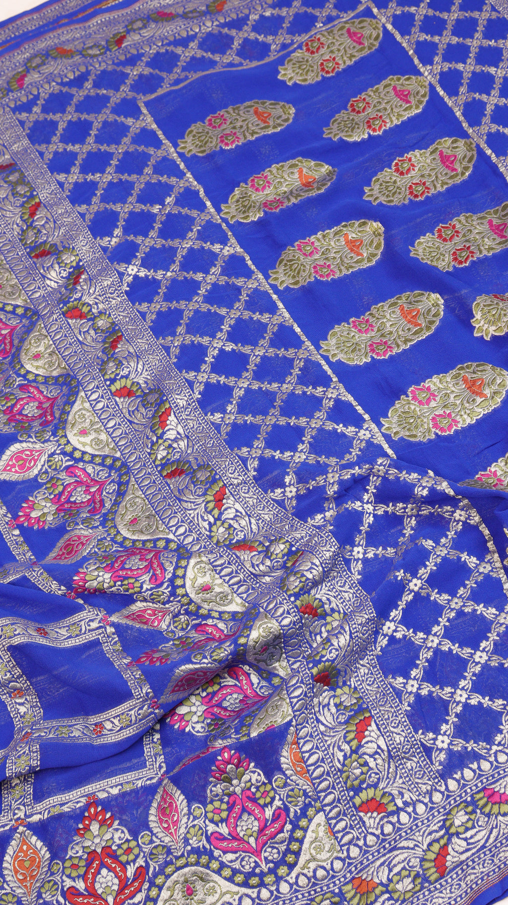 Royal Blue Pure Khaddi Geogertte Handloom Saree with Meenakari Border