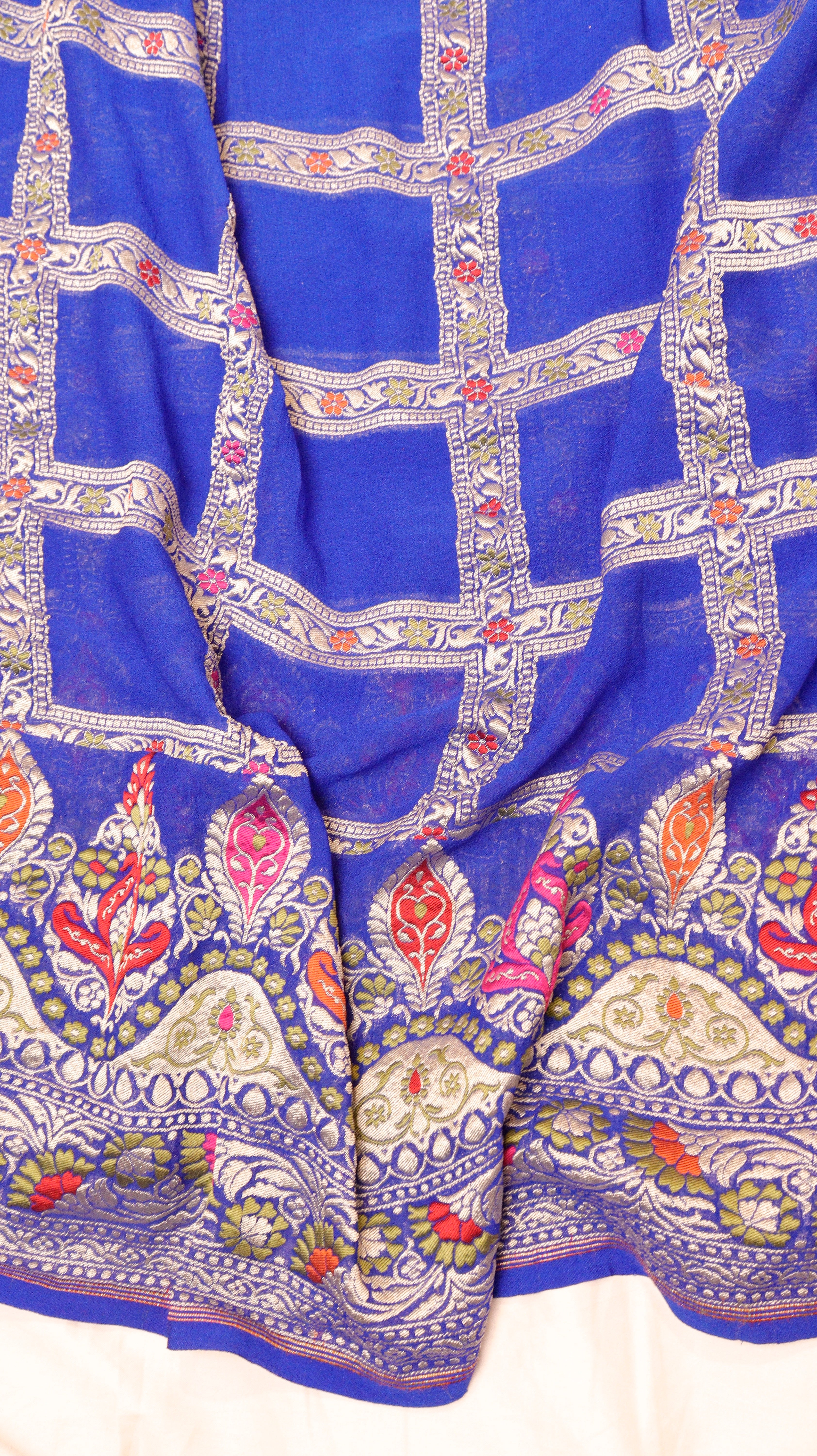 Royal Blue Pure Khaddi Geogertte Handloom Saree with Meenakari Border