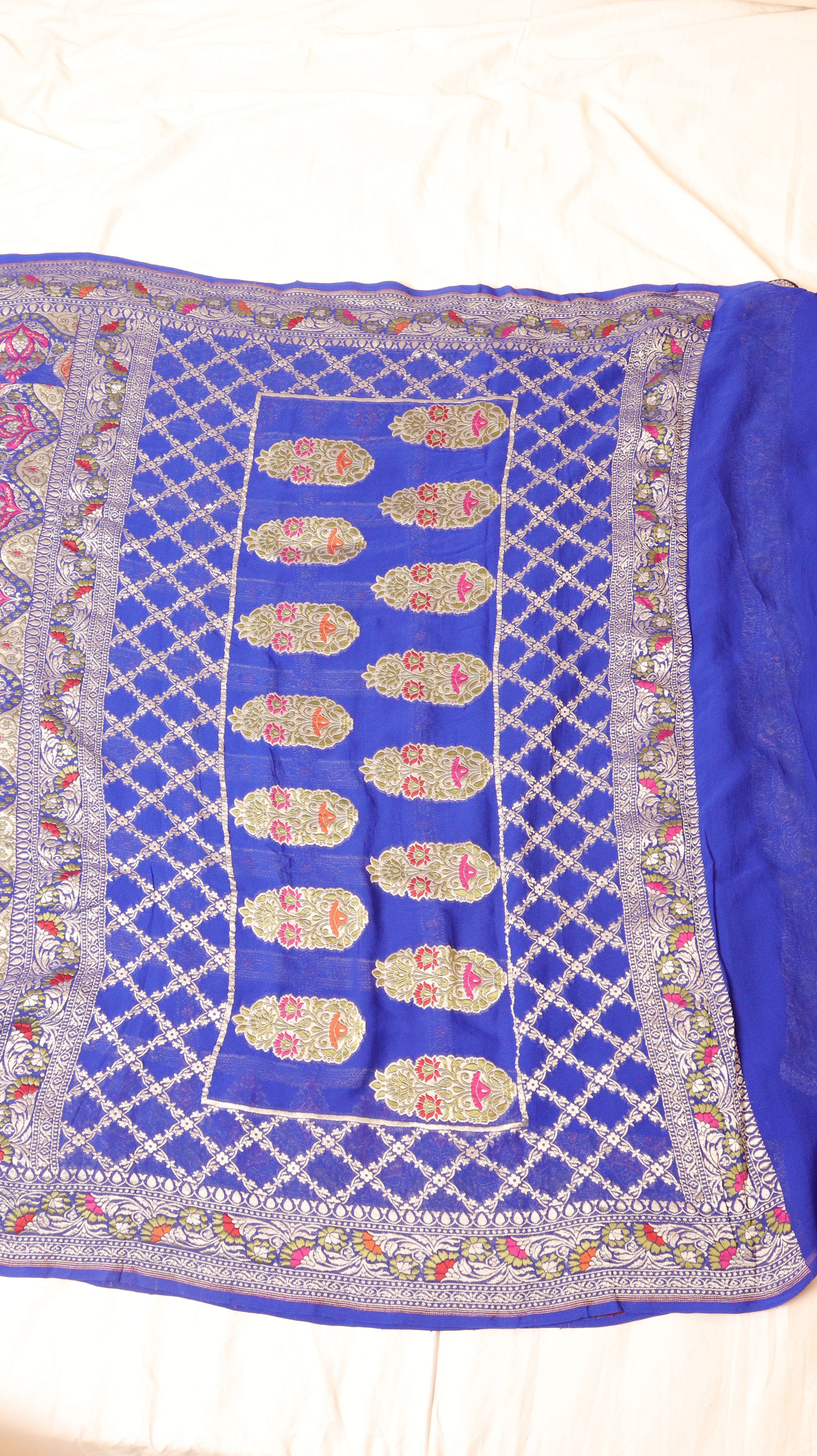 Royal Blue Pure Khaddi Geogertte Handloom Saree with Meenakari Border