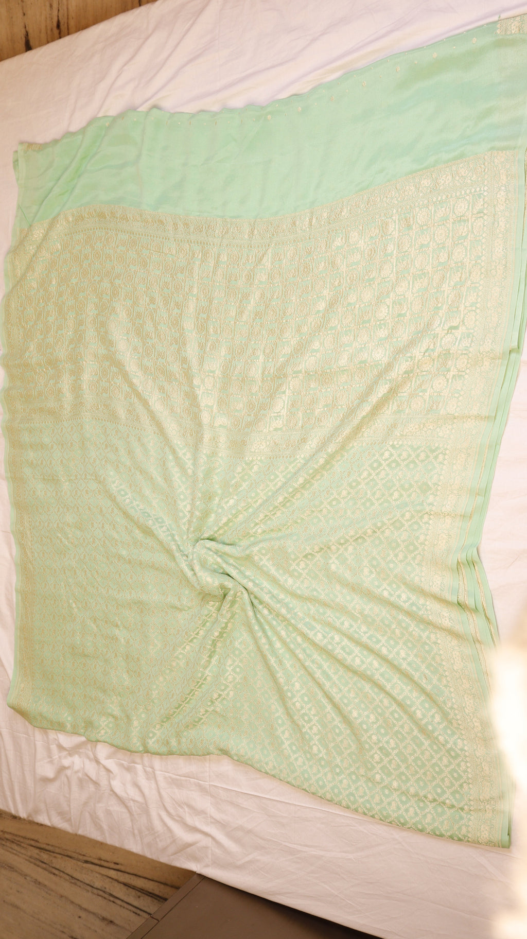 Mint Green Pure Khaddi Geogertte Handloom Saree