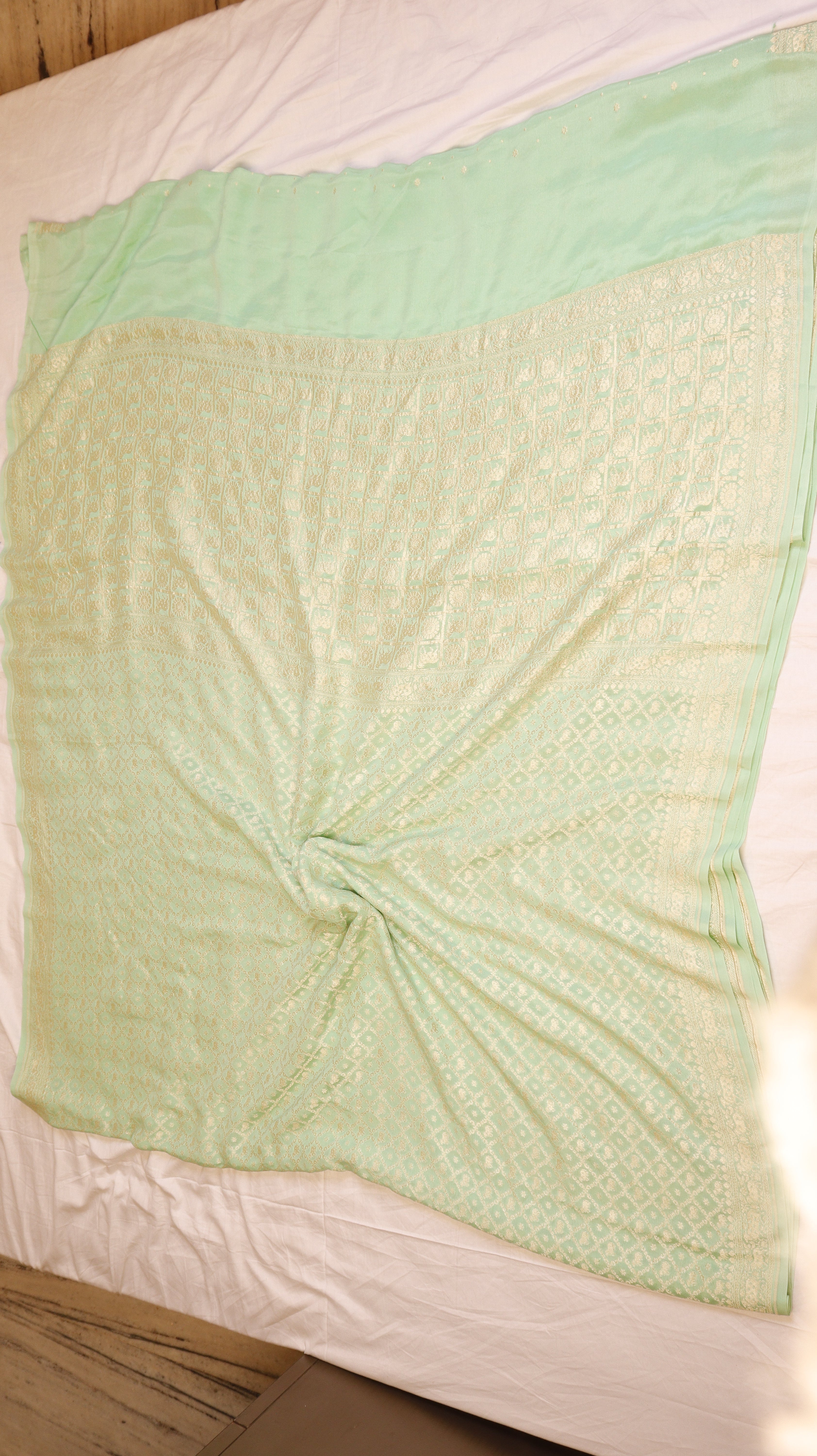 Mint Green Pure Khaddi Geogertte Handloom Saree