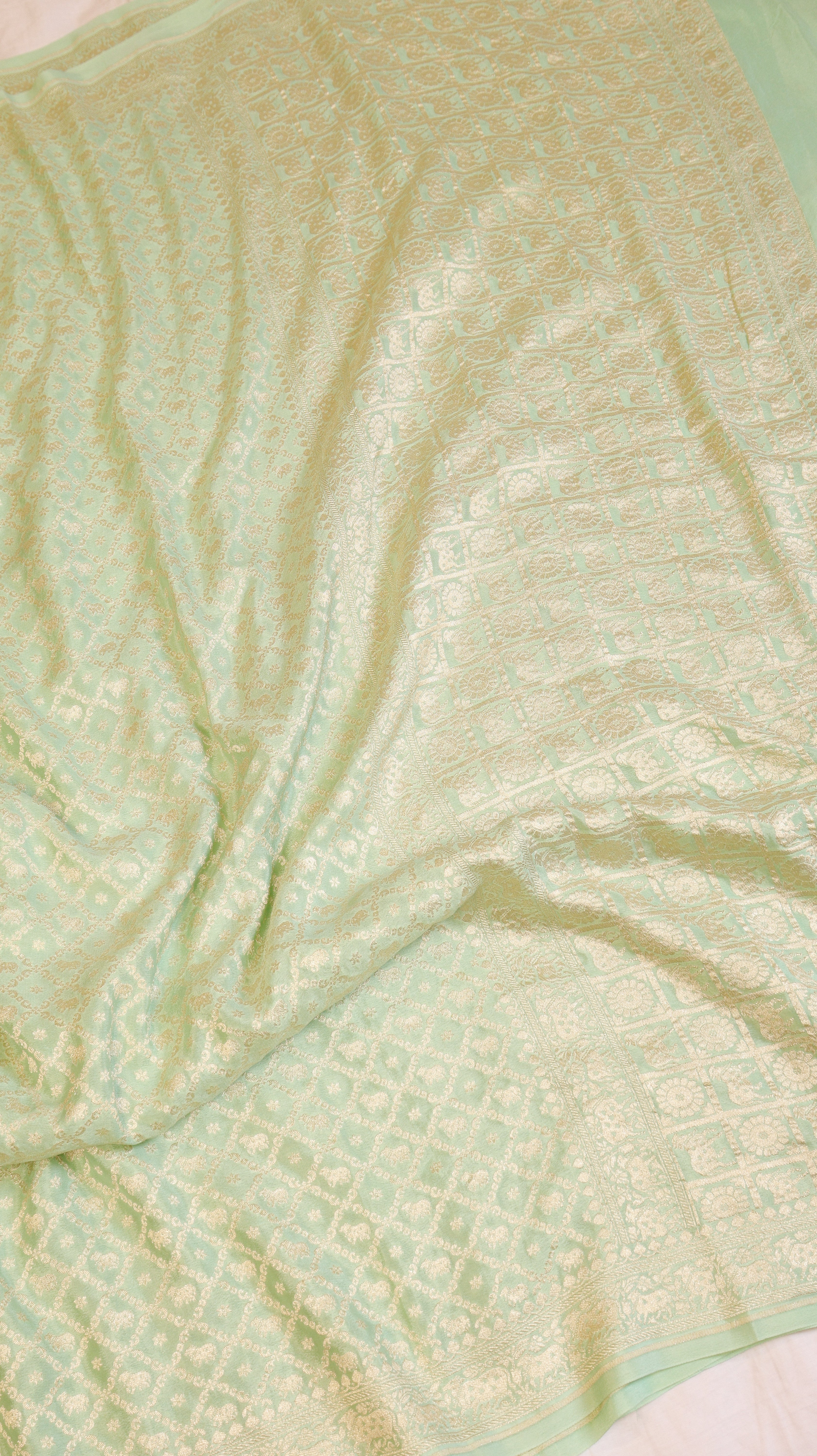 Mint Green Pure Khaddi Geogertte Handloom Saree