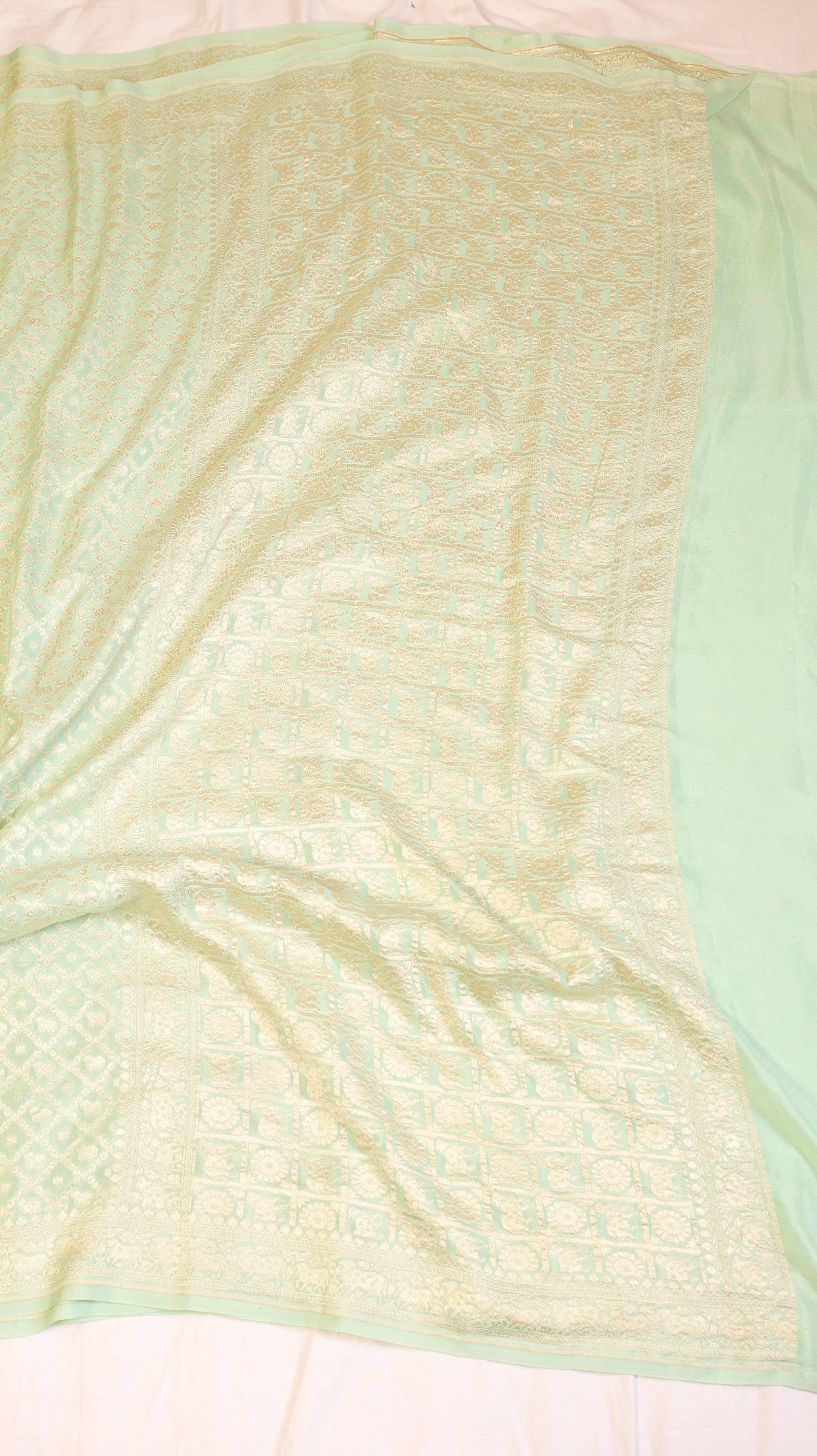Mint Green Pure Khaddi Geogertte Handloom Saree