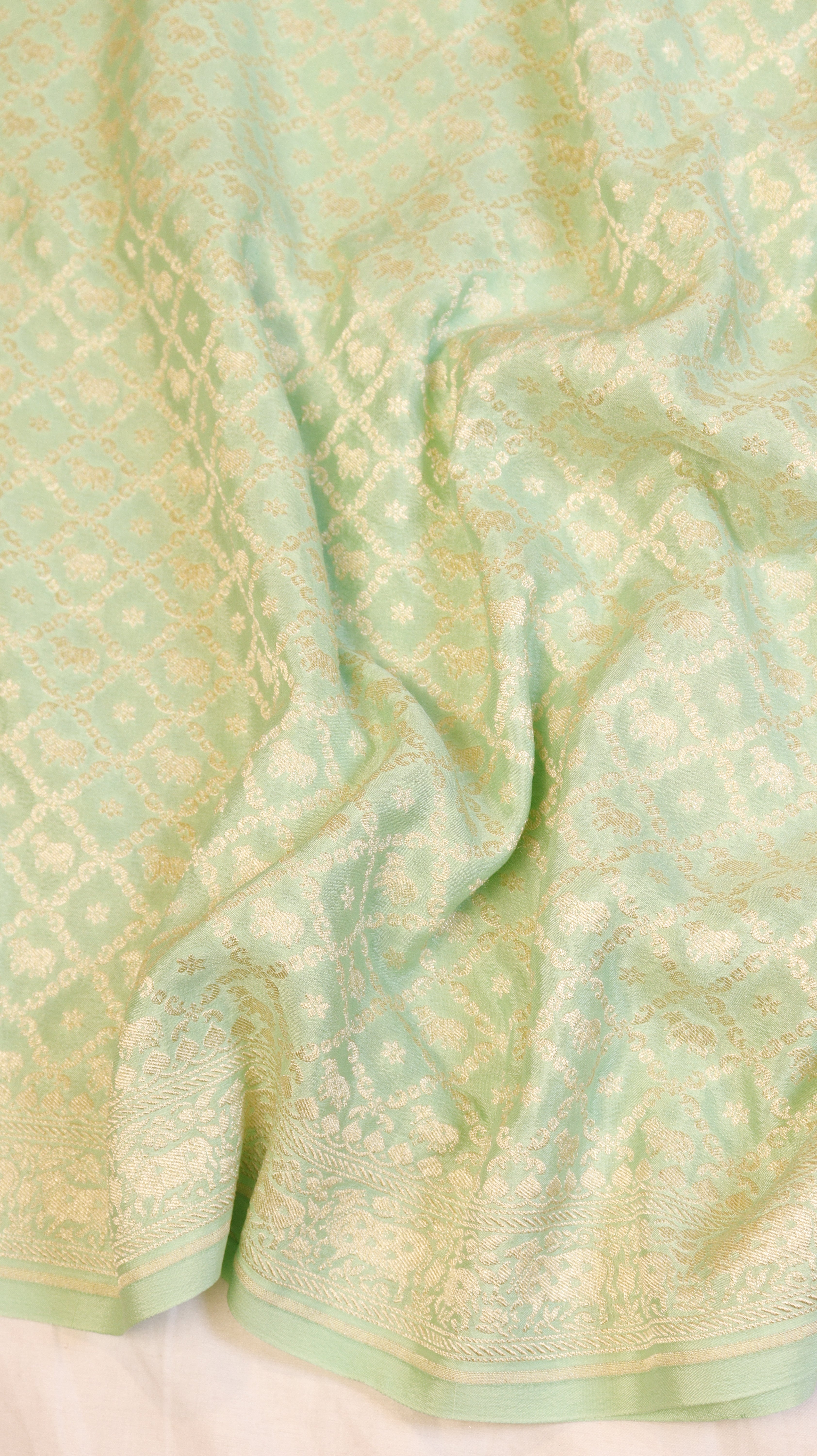 Mint Green Pure Khaddi Geogertte Handloom Saree