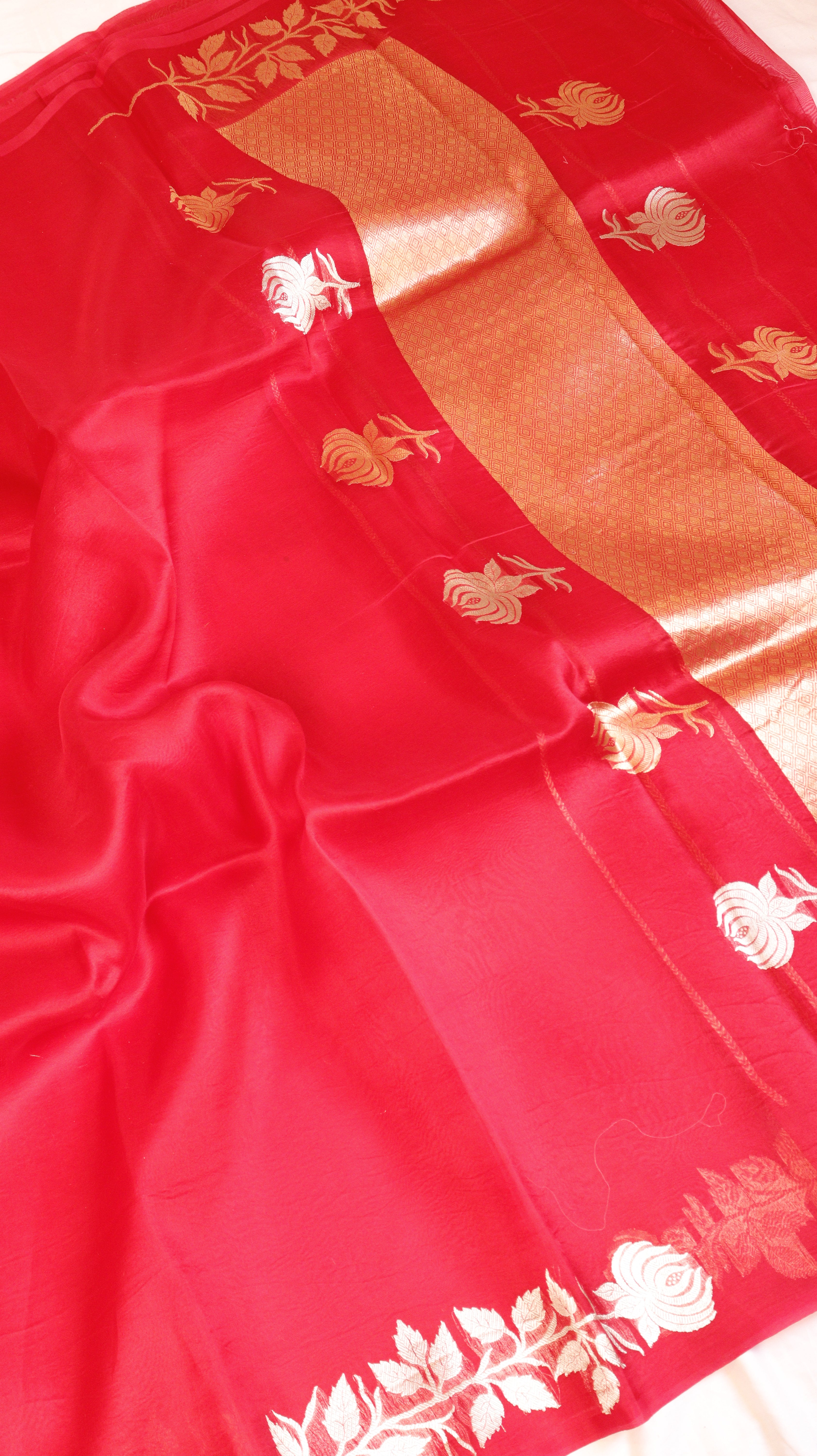 Pre-Order : Red Pure Kora Silk Handloom Saree with Stripe Blouse