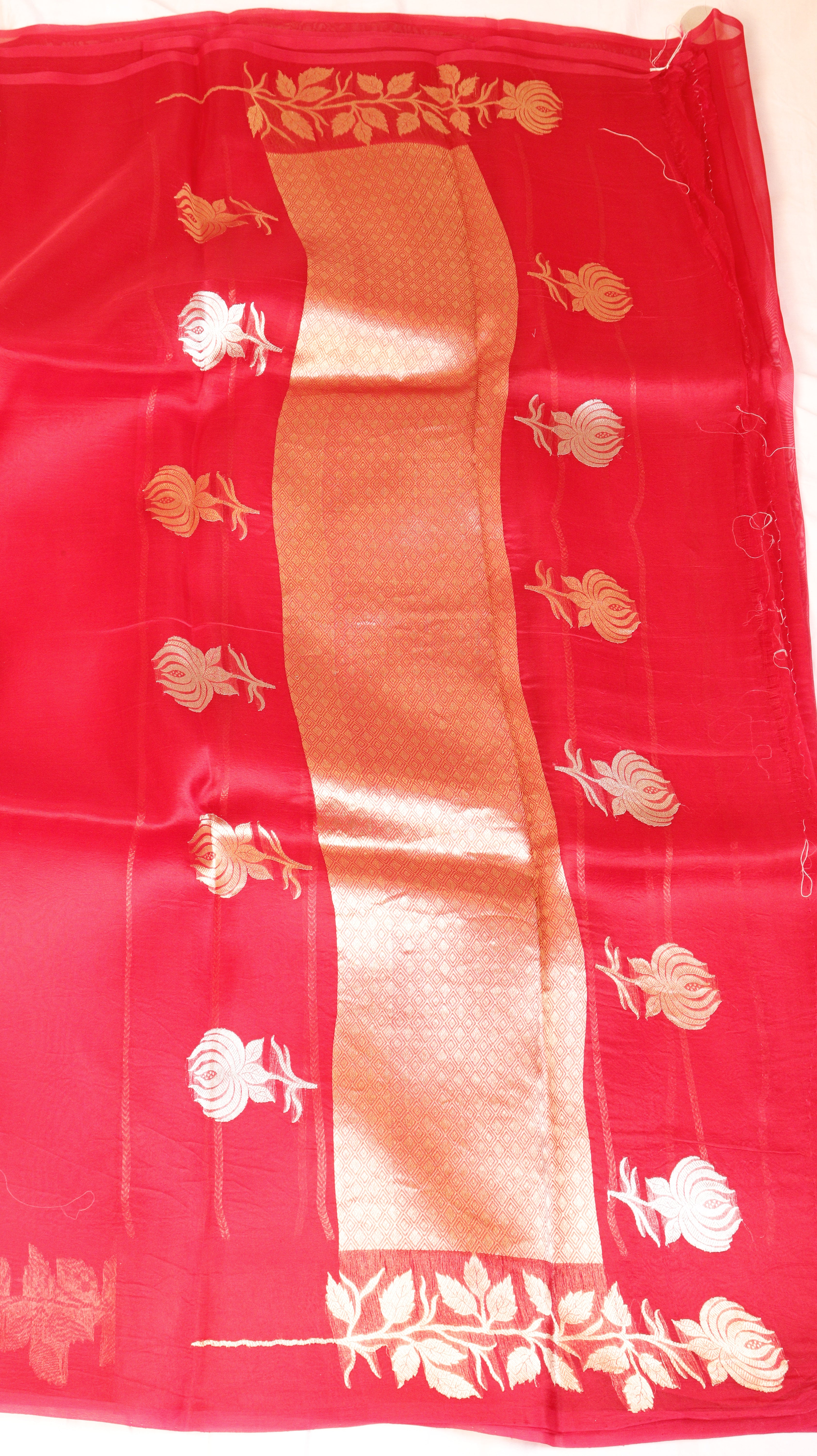 Pre-Order : Red Pure Kora Silk Handloom Saree with Stripe Blouse
