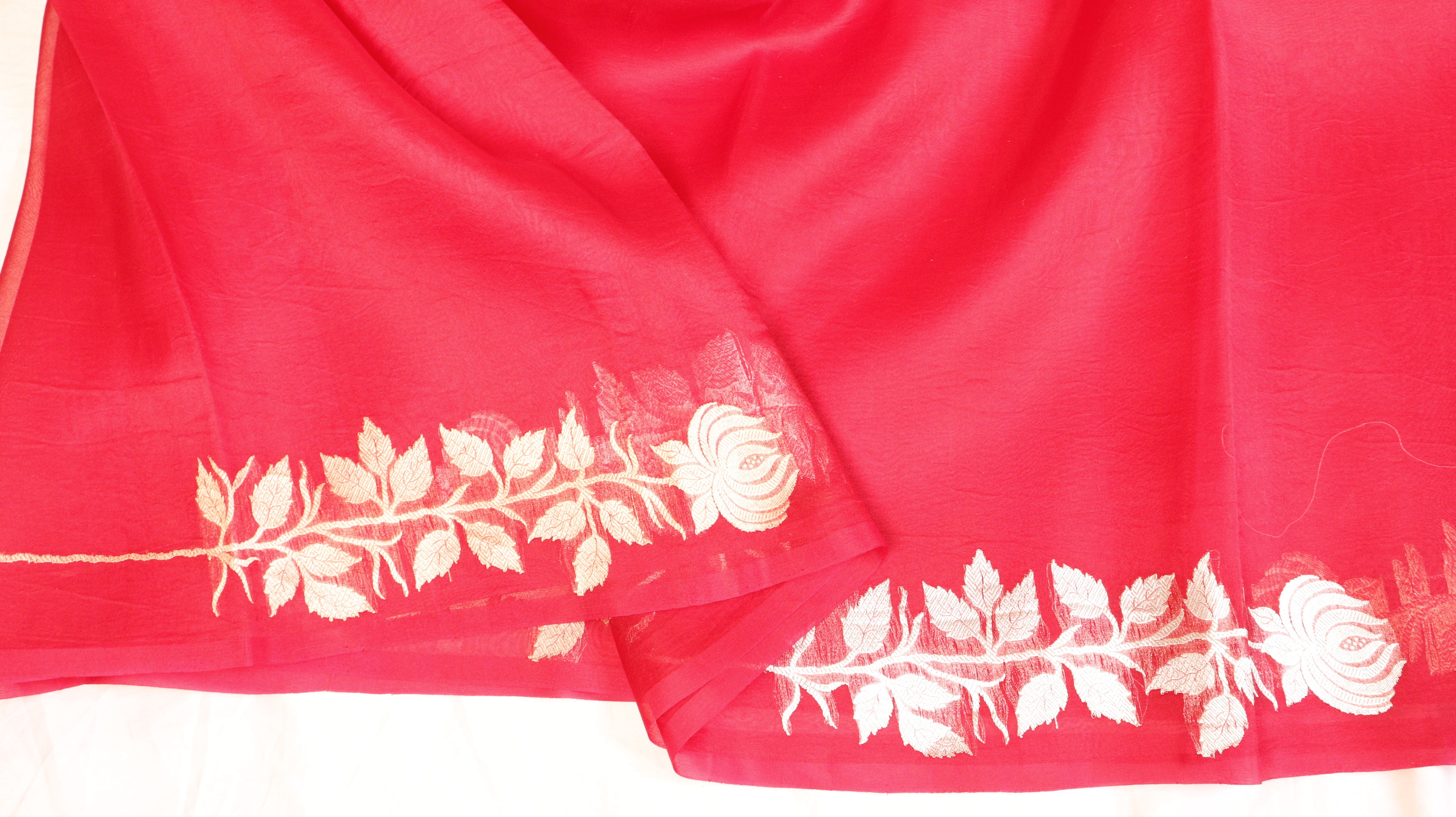 Pre-Order : Red Pure Kora Silk Handloom Saree with Stripe Blouse