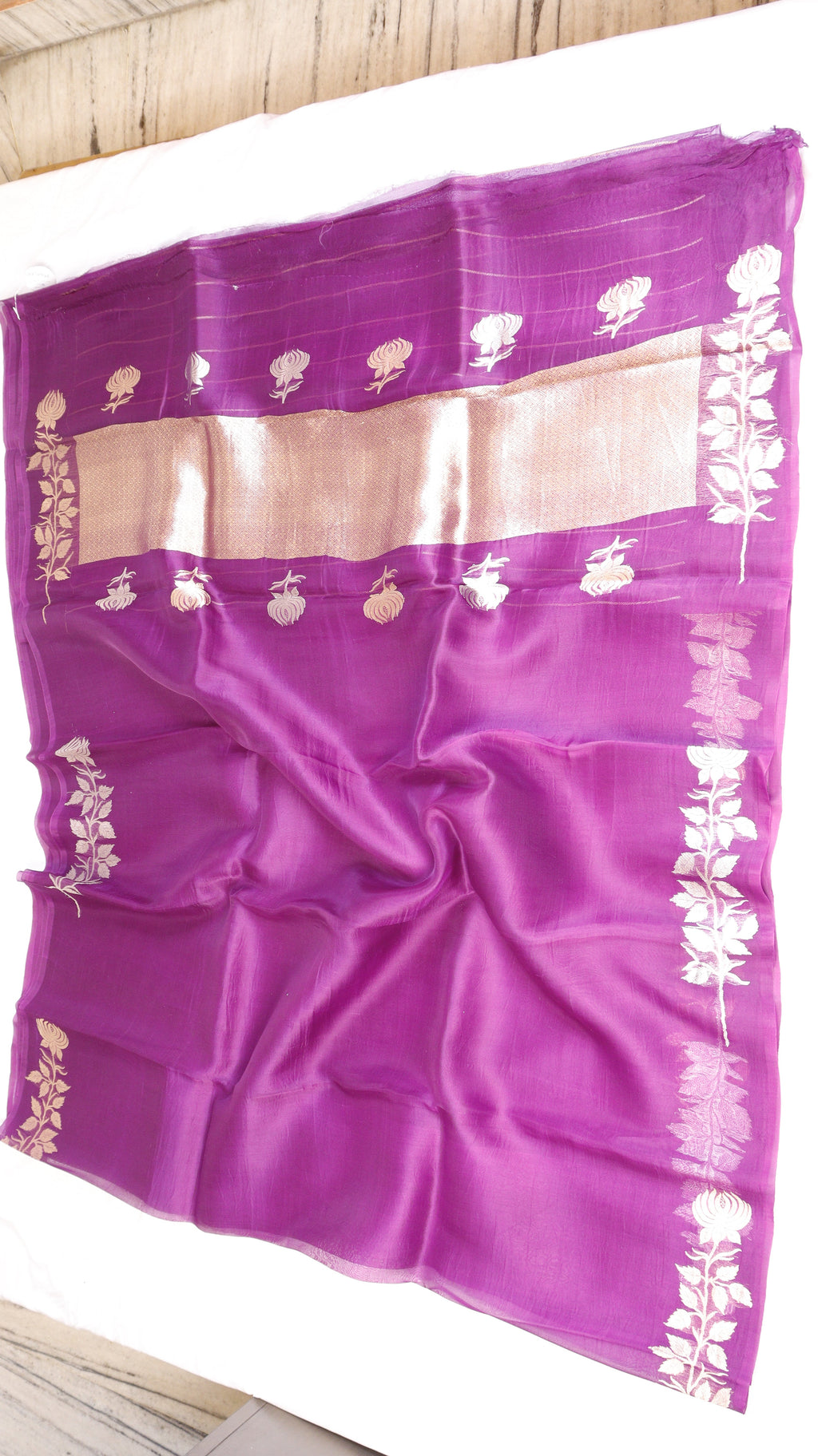 Pre-Order : Magenta Pink Pure Kora Silk Handloom Saree with Stripe Blouse