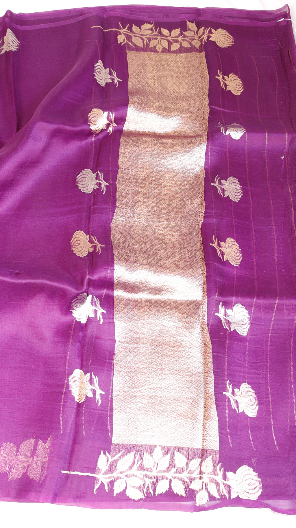 Pre-Order : Magenta Pink Pure Kora Silk Handloom Saree with Stripe Blouse