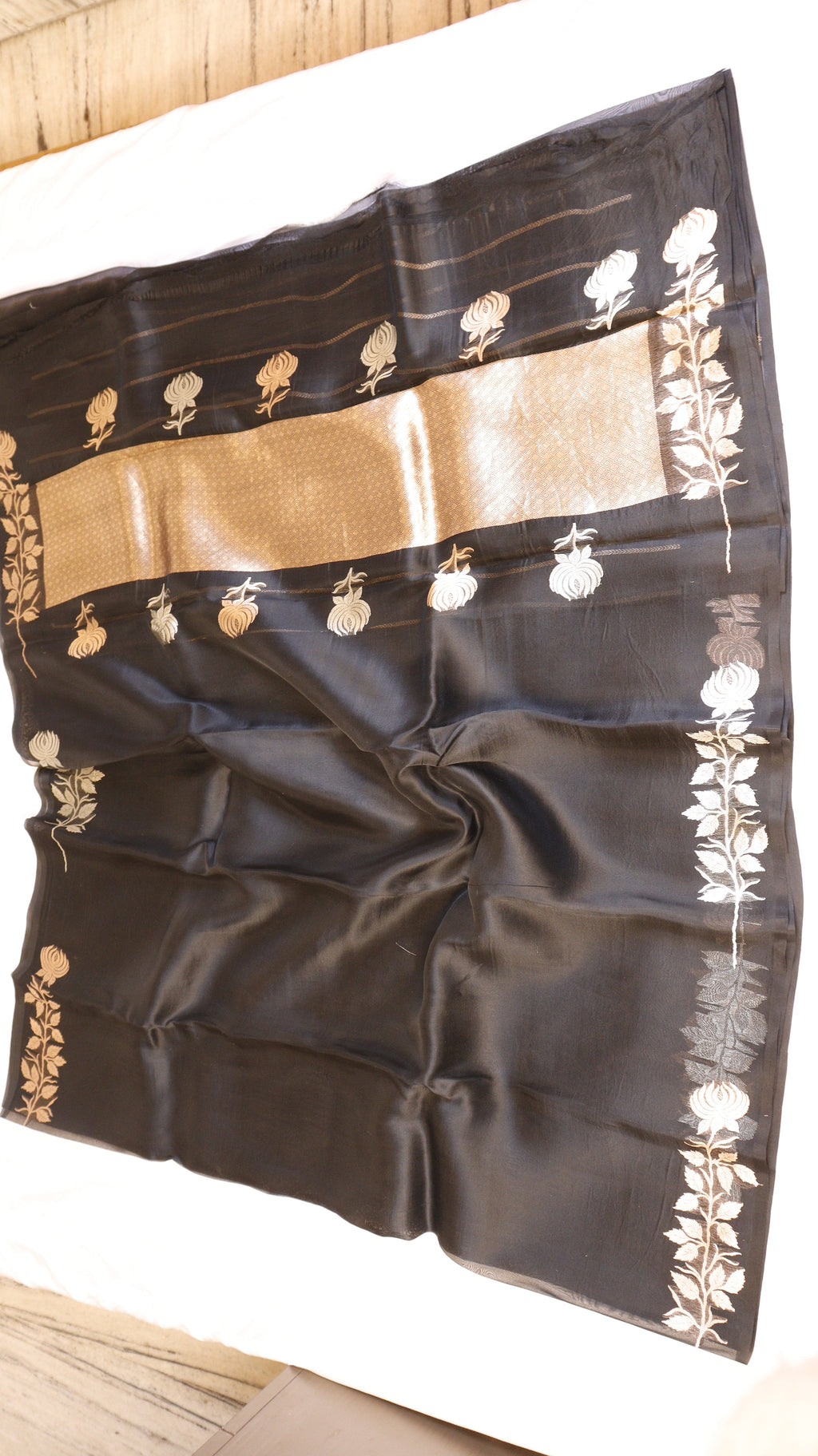 Black Pure Kora Silk Handloom Saree with Stripe Blouse