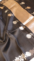 Black Pure Kora Silk Handloom Saree with Stripe Blouse