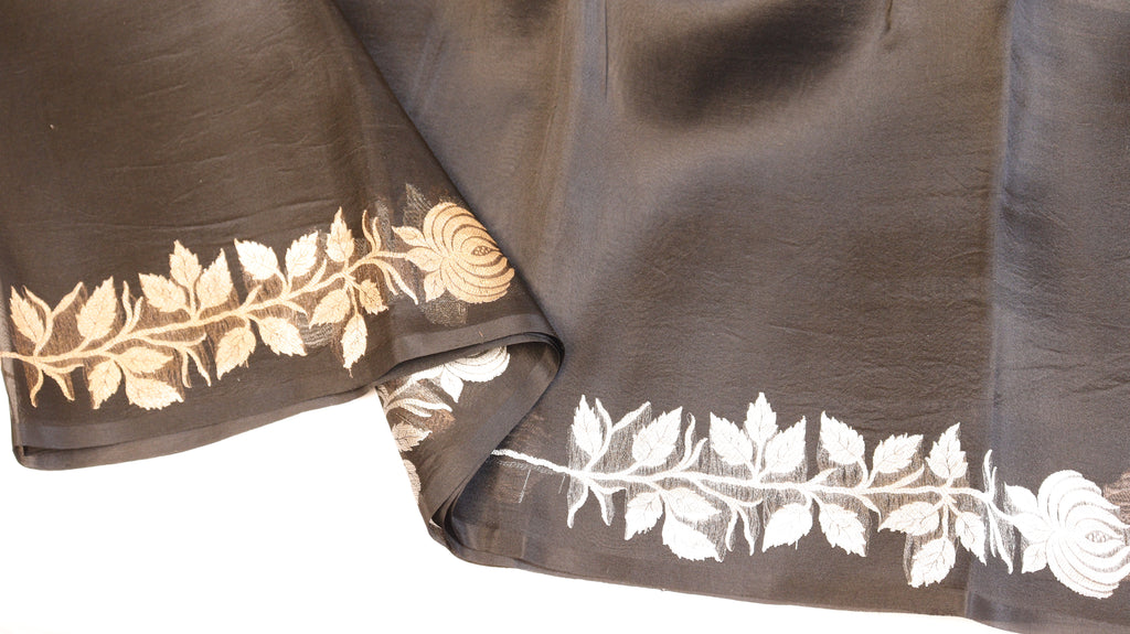 Black Pure Kora Silk Handloom Saree with Stripe Blouse