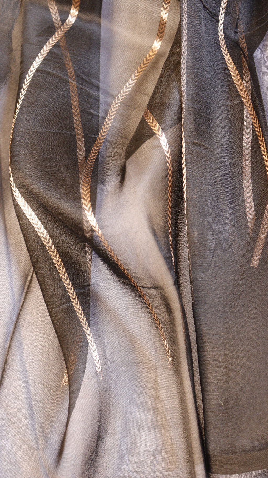 Black Pure Kora Silk Handloom Saree with Stripe Blouse