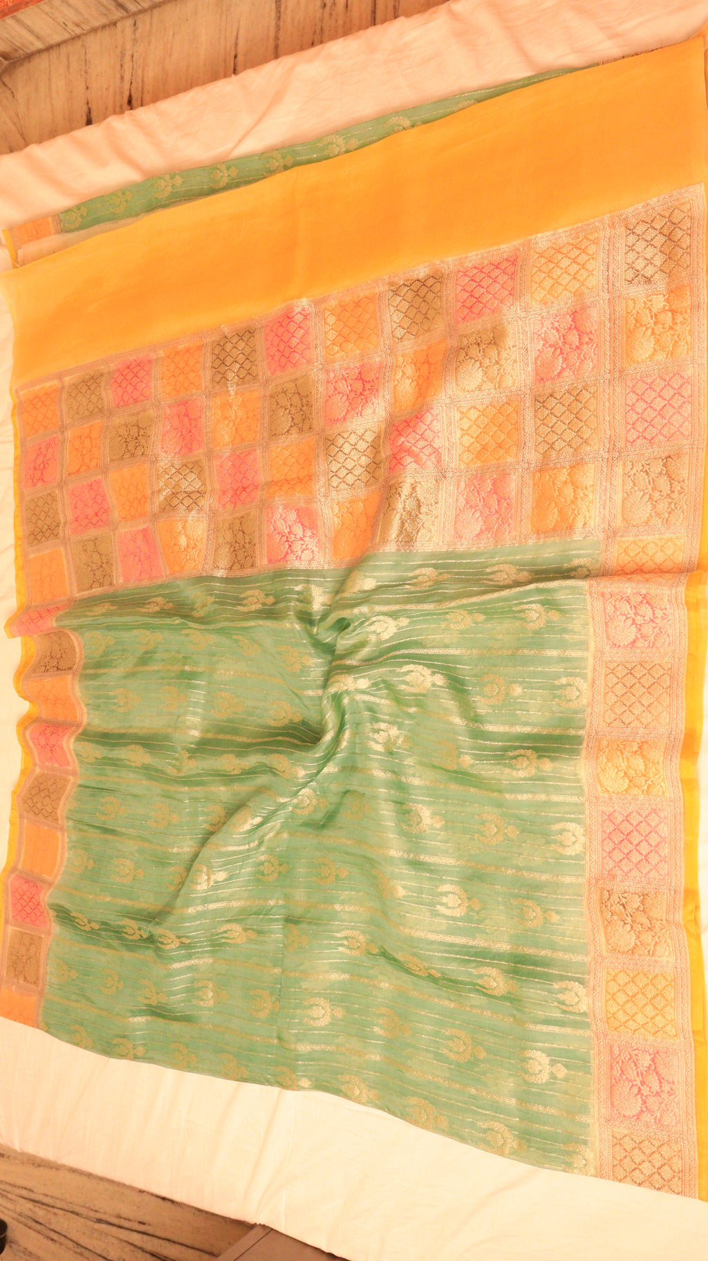 Soft Green Pure Kora Silk Handloom Saree with Contrast Border
