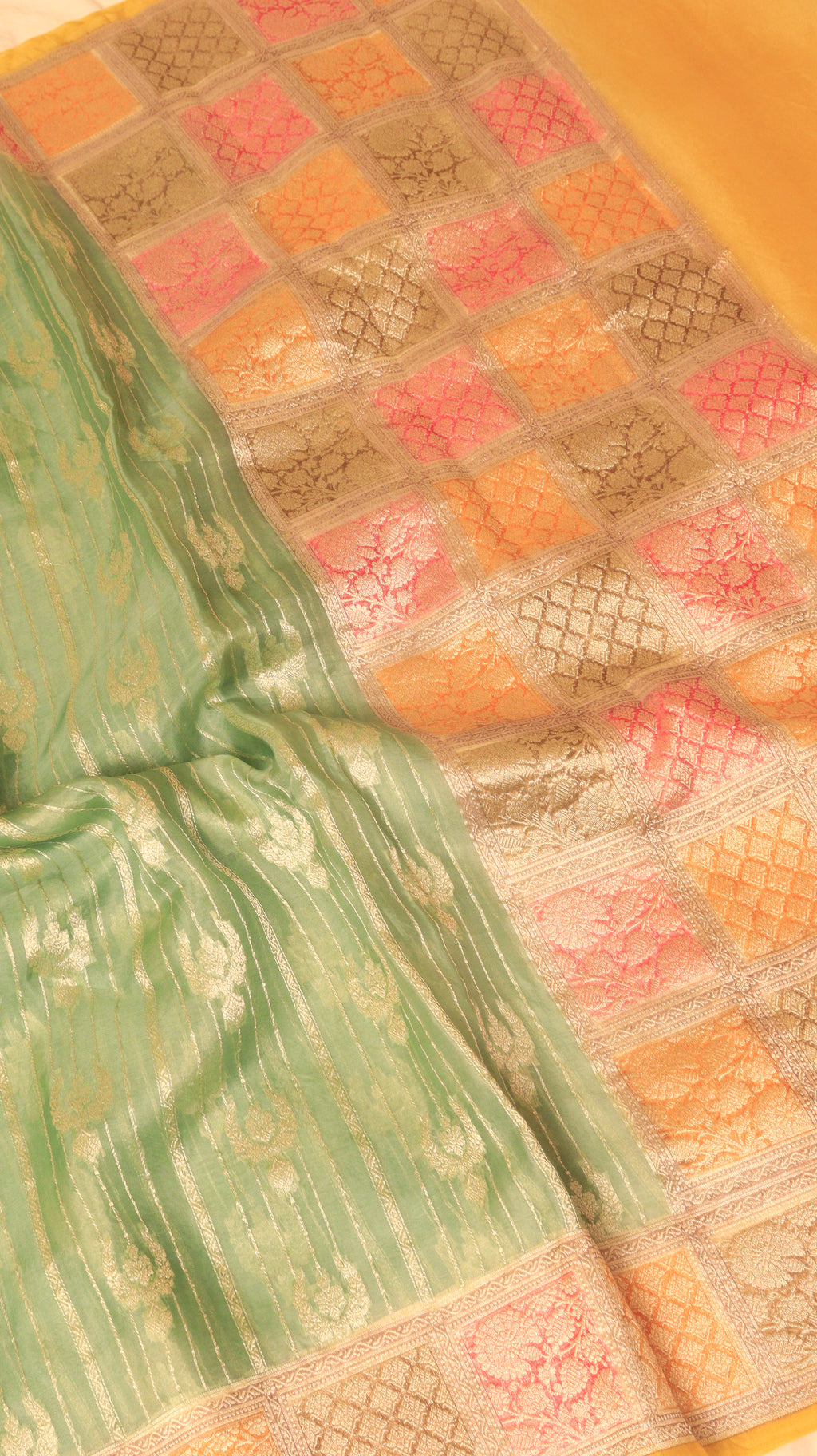 Soft Green Pure Kora Silk Handloom Saree with Contrast Border