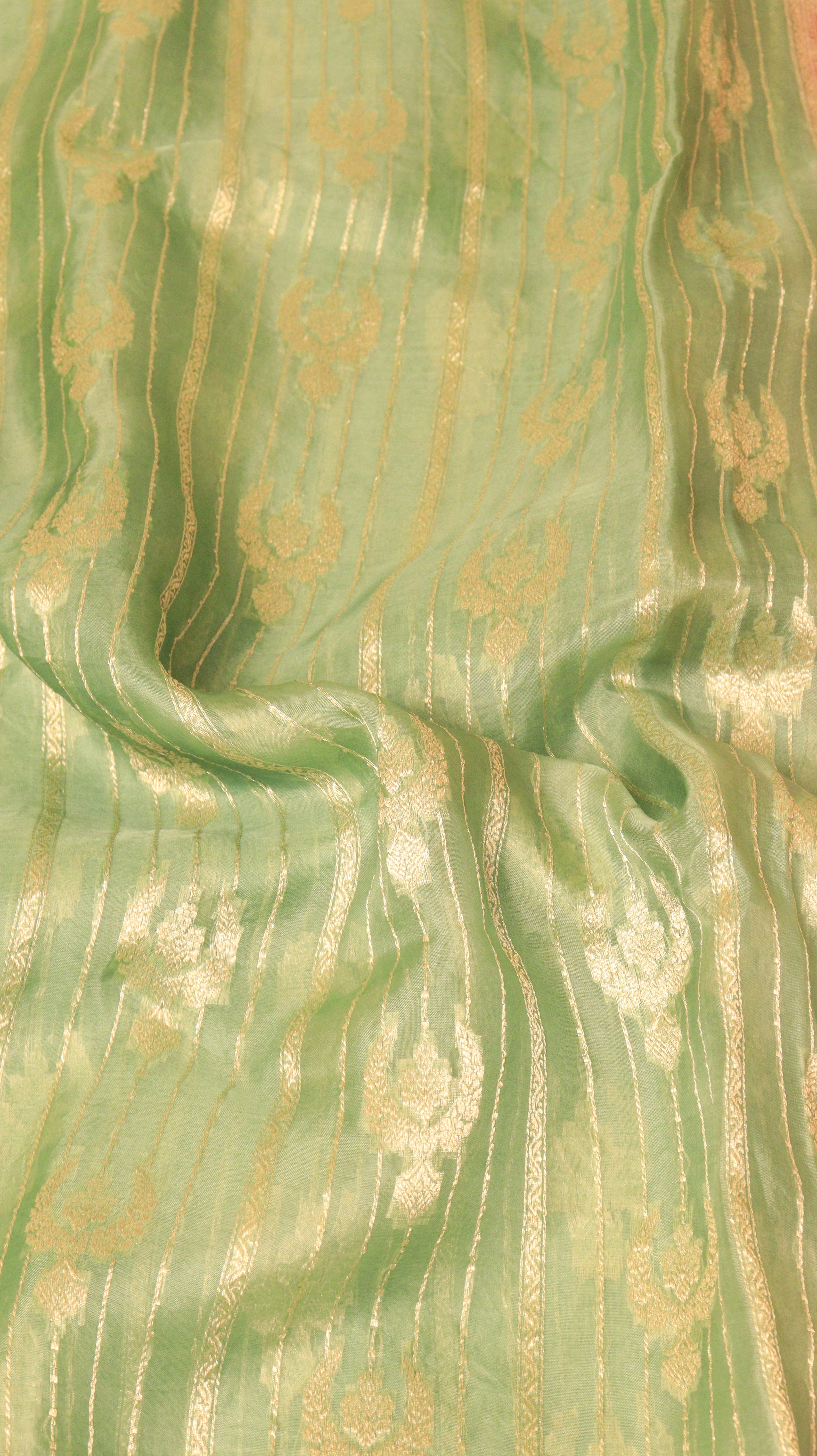 Soft Green Pure Kora Silk Handloom Saree with Contrast Border
