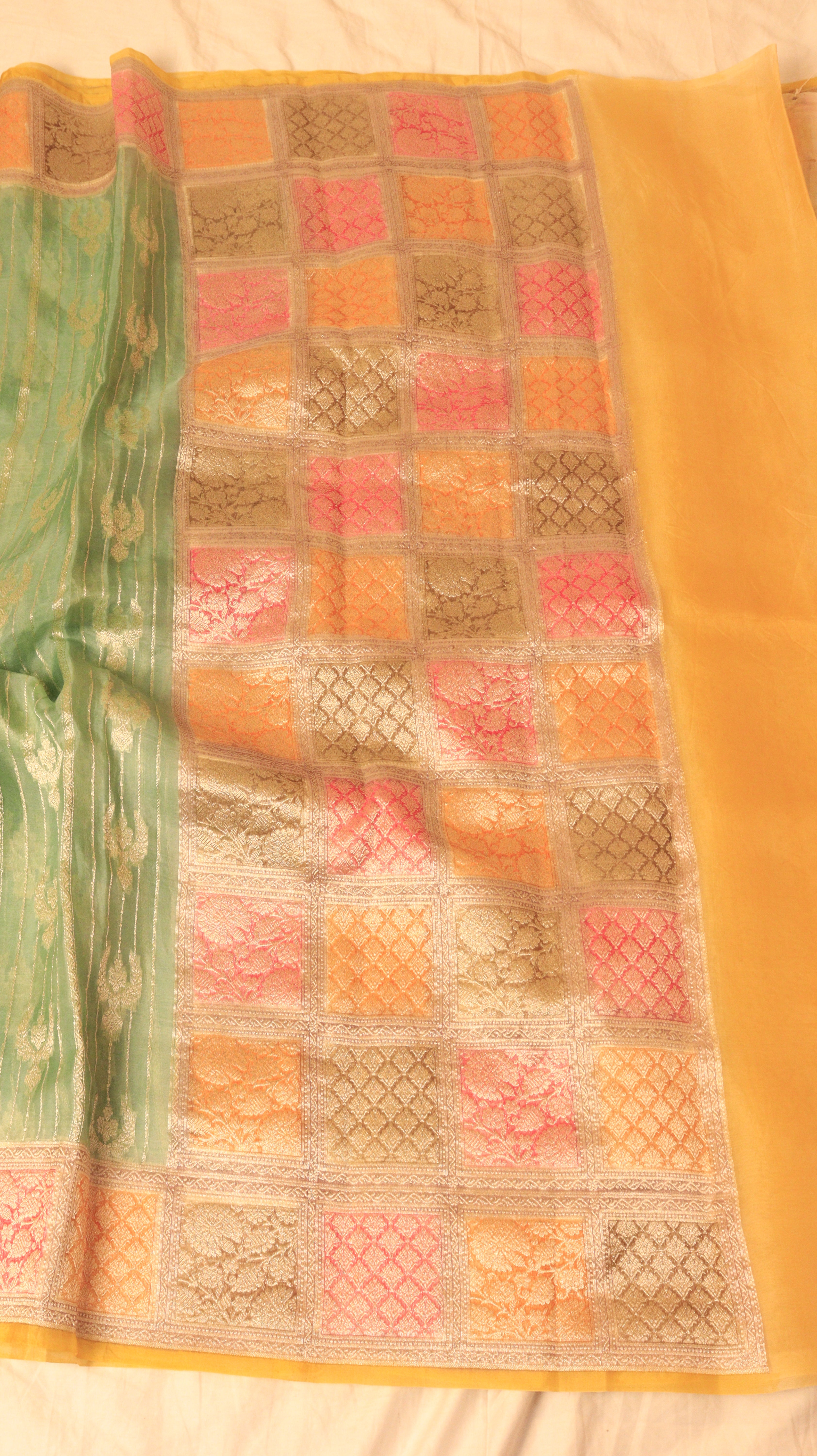 Soft Green Pure Kora Silk Handloom Saree with Contrast Border