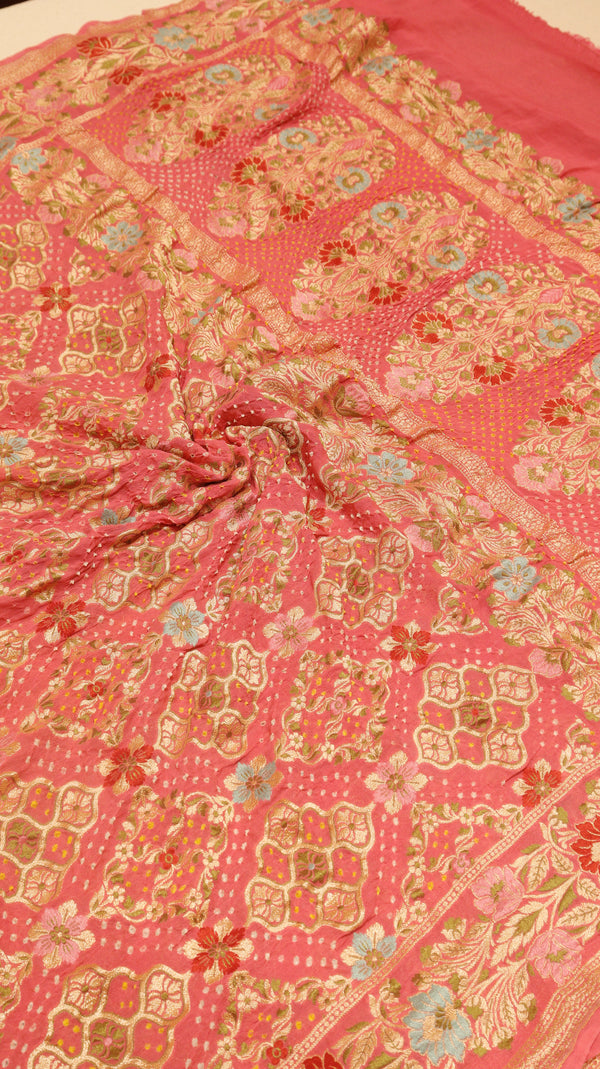 Handwoven Bandhej Khaddi Georgette Peach Pink color Saree