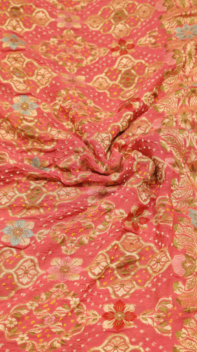 Handwoven Bandhej Khaddi Georgette Peach Pink color Saree