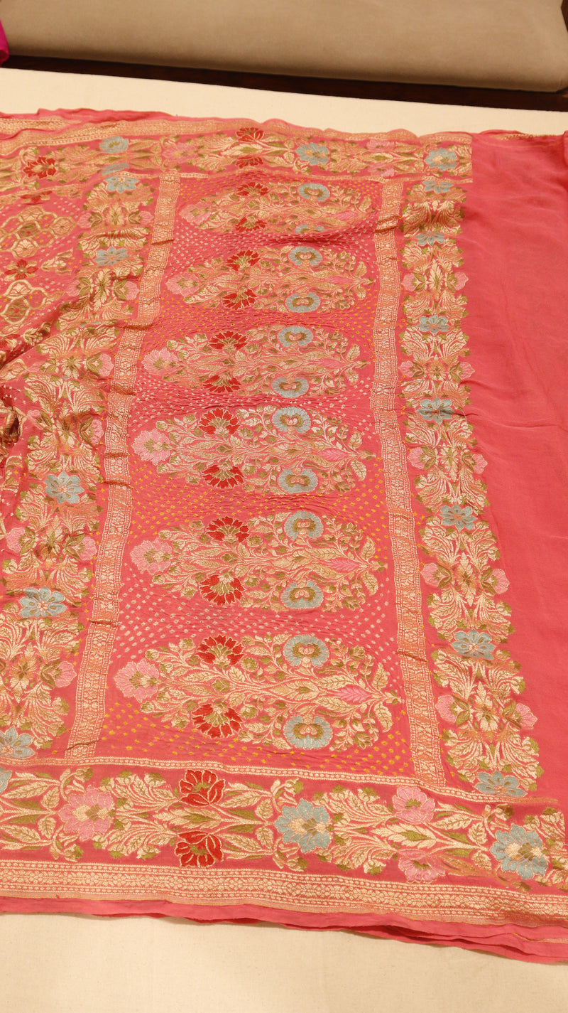 Handwoven Bandhej Khaddi Georgette Peach Pink color Saree