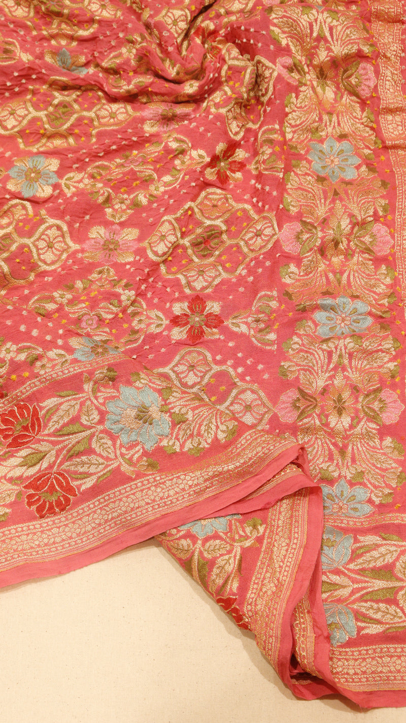 Handwoven Bandhej Khaddi Georgette Peach Pink color Saree