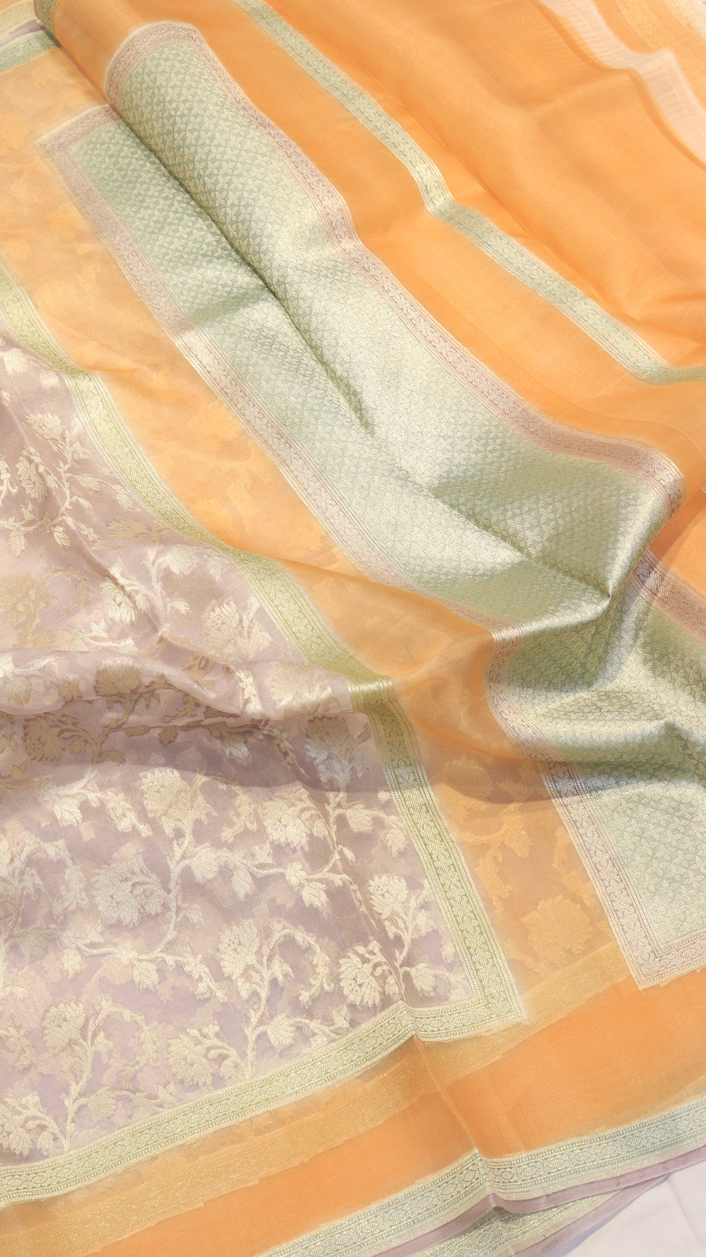 Grey Pure Kora Silk Handloom Saree with Contrast Blouse