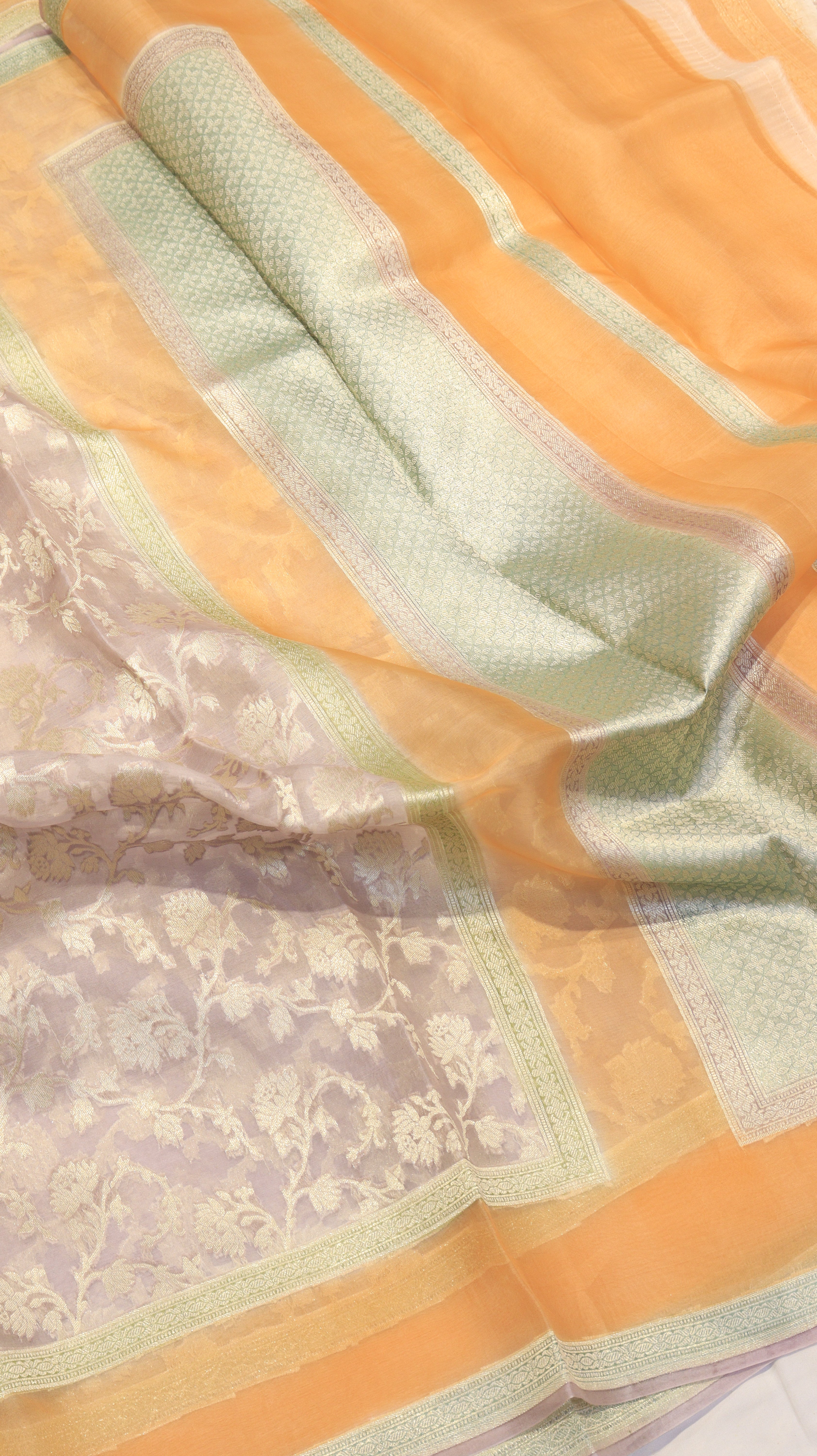 Grey Pure Kora Silk Handloom Saree with Contrast Blouse