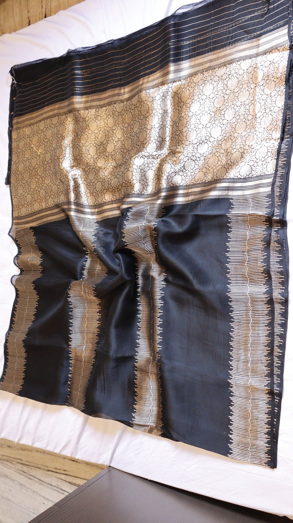 Pre-Order : Black Pure Kora Silk Handloom Saree with Stripe Blouse