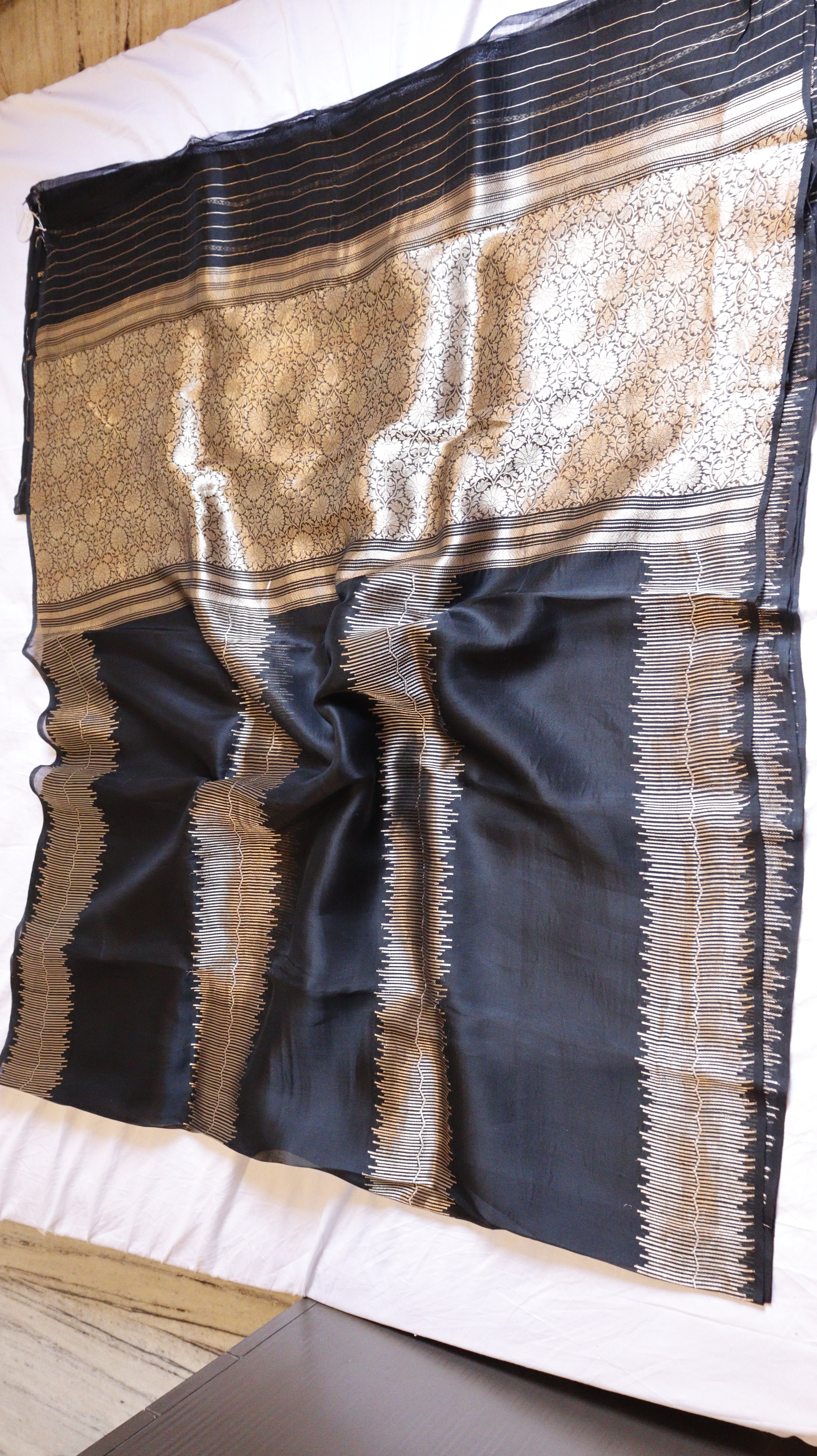 Pre-Order : Black Pure Kora Silk Handloom Saree with Stripe Blouse